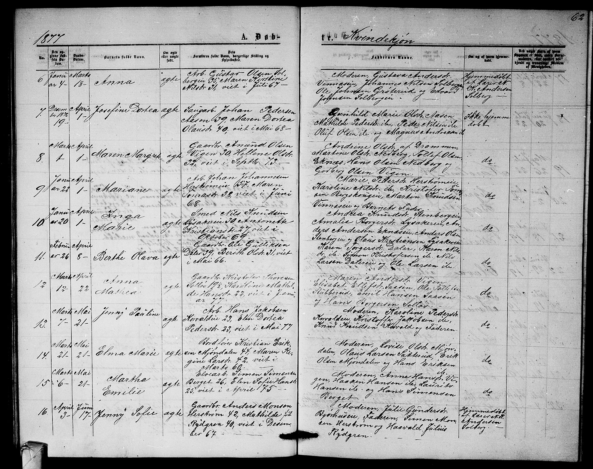 Nedre Eiker kirkebøker, AV/SAKO-A-612/G/Ga/L0001: Klokkerbok nr. 1, 1873-1880, s. 62