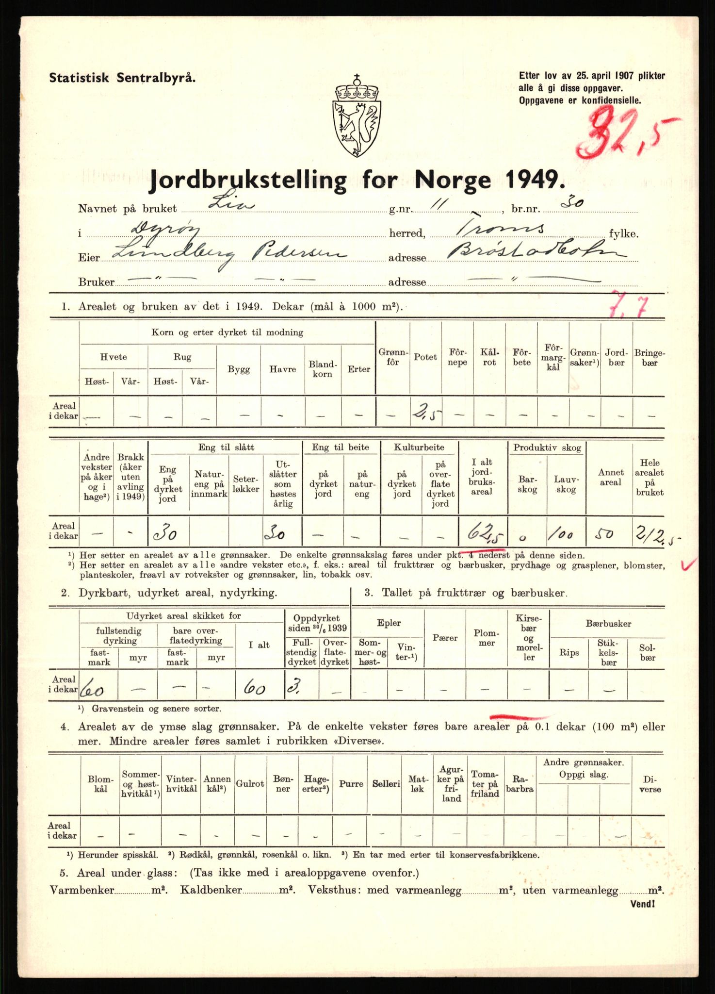 Statistisk sentralbyrå, Næringsøkonomiske emner, Jordbruk, skogbruk, jakt, fiske og fangst, AV/RA-S-2234/G/Gc/L0440: Troms: Sørreisa og Dyrøy, 1949, s. 1598