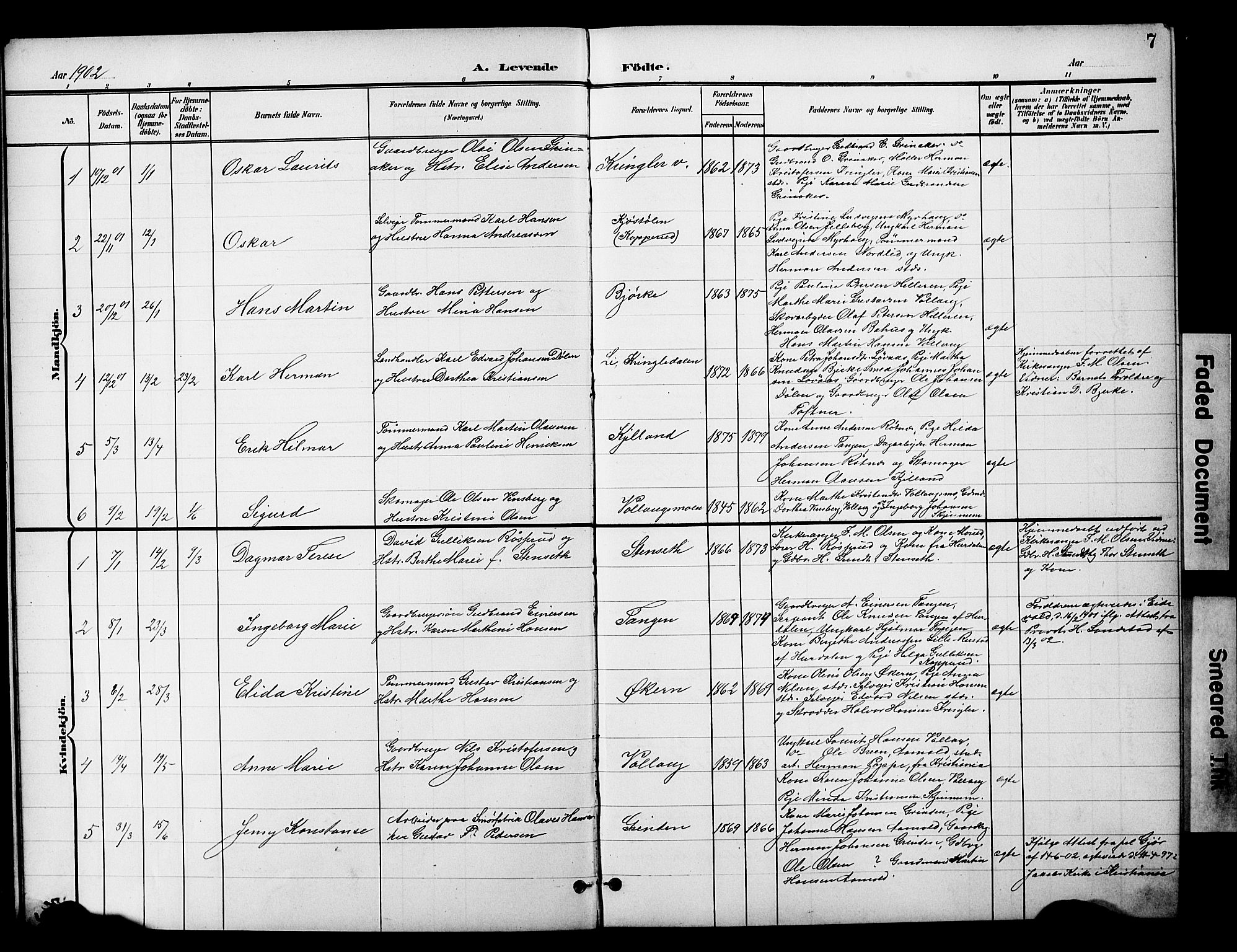 Nannestad prestekontor Kirkebøker, AV/SAO-A-10414a/G/Gc/L0001: Klokkerbok nr. III 1, 1901-1916, s. 7