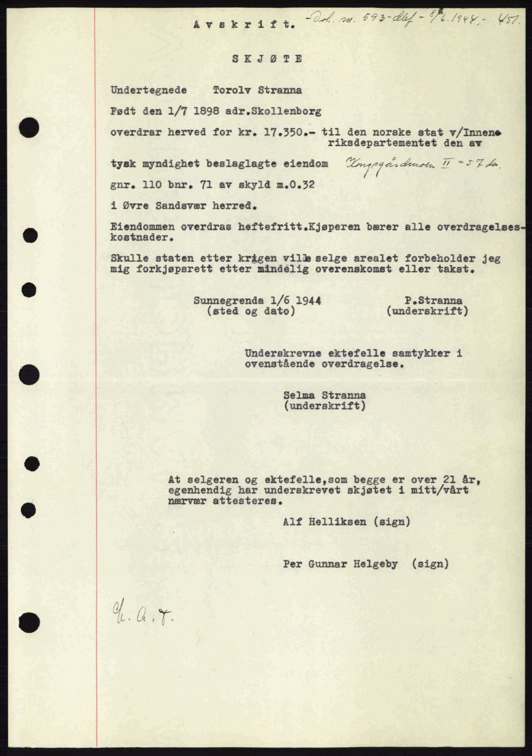 Numedal og Sandsvær sorenskriveri, SAKO/A-128/G/Ga/Gaa/L0055: Pantebok nr. A7, 1943-1944, Dagboknr: 593/1944