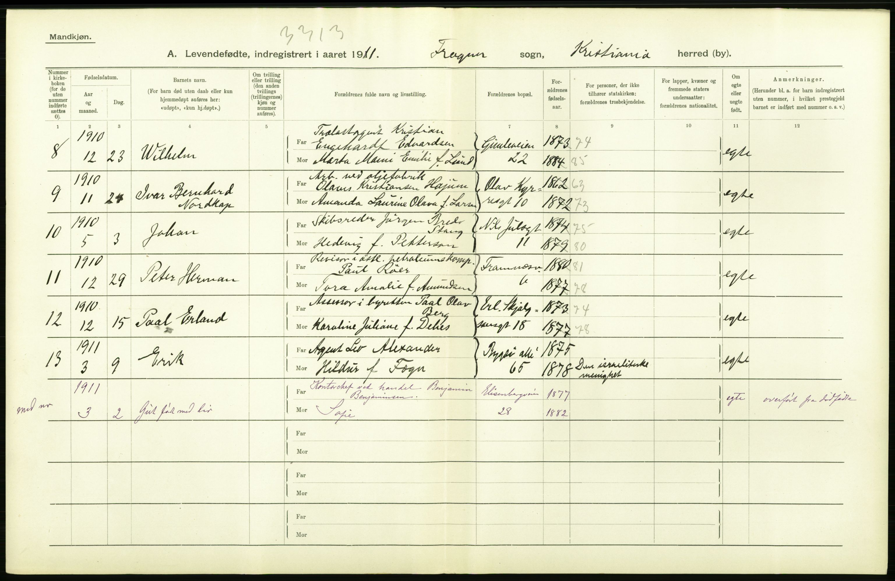 Statistisk sentralbyrå, Sosiodemografiske emner, Befolkning, AV/RA-S-2228/D/Df/Dfb/Dfba/L0006: Kristiania: Levendefødte menn., 1911, s. 404