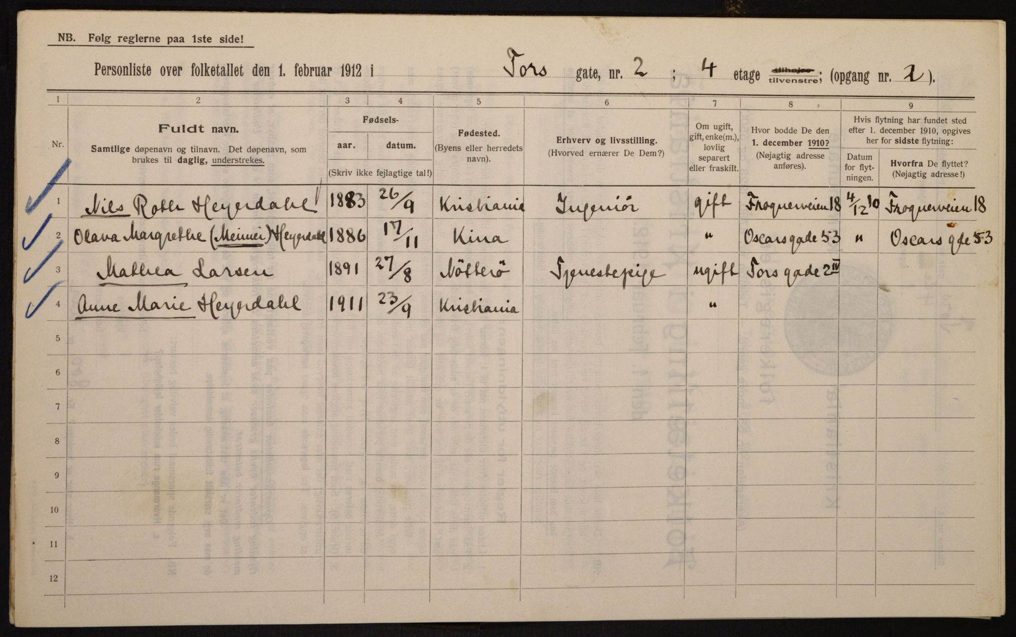 OBA, Kommunal folketelling 1.2.1912 for Kristiania, 1912, s. 114316