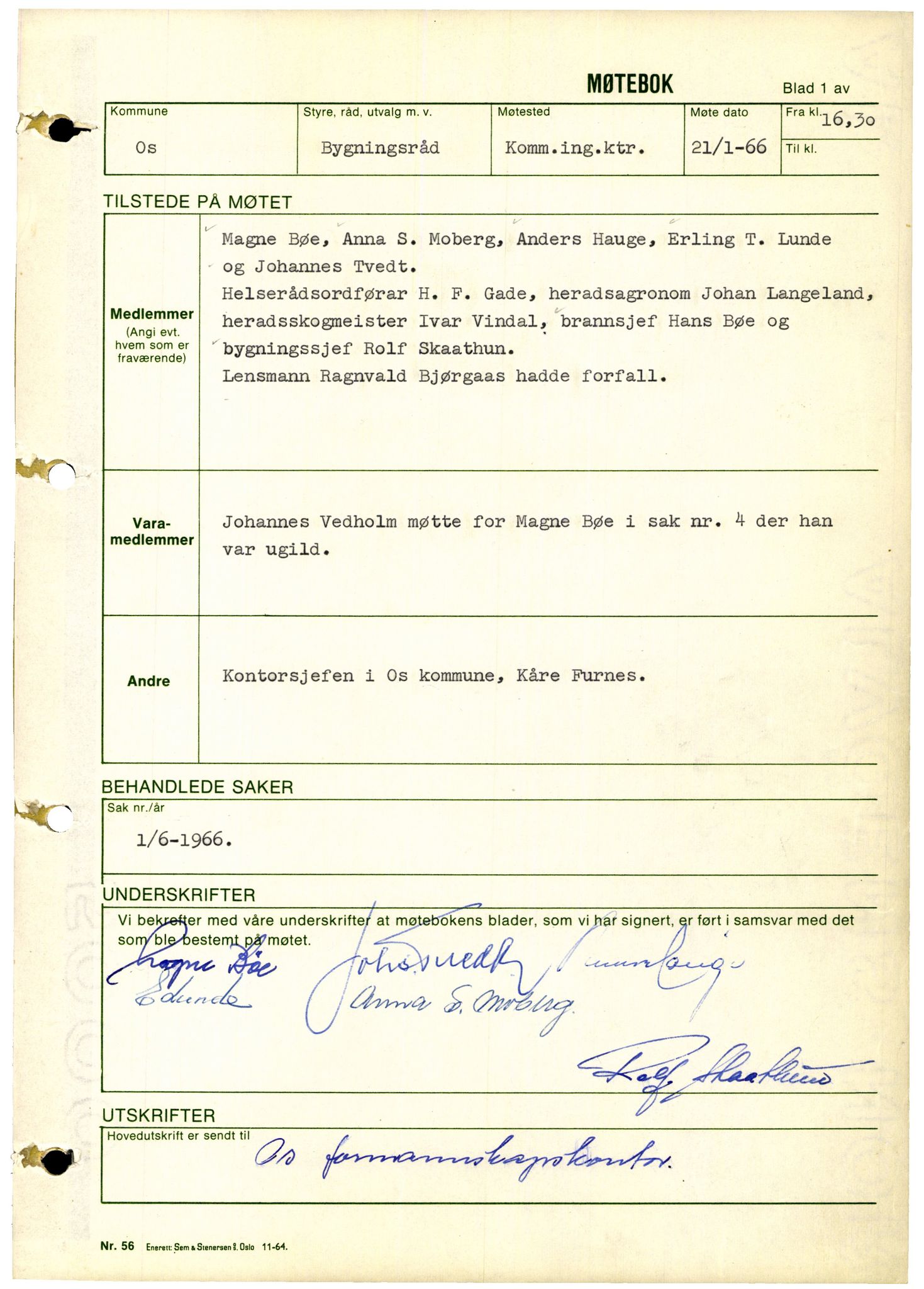 Os kommune. Bygningsrådet, IKAH/1243-511/A/Aa/L0005: Møtebok for Os bygningsråd, 1966