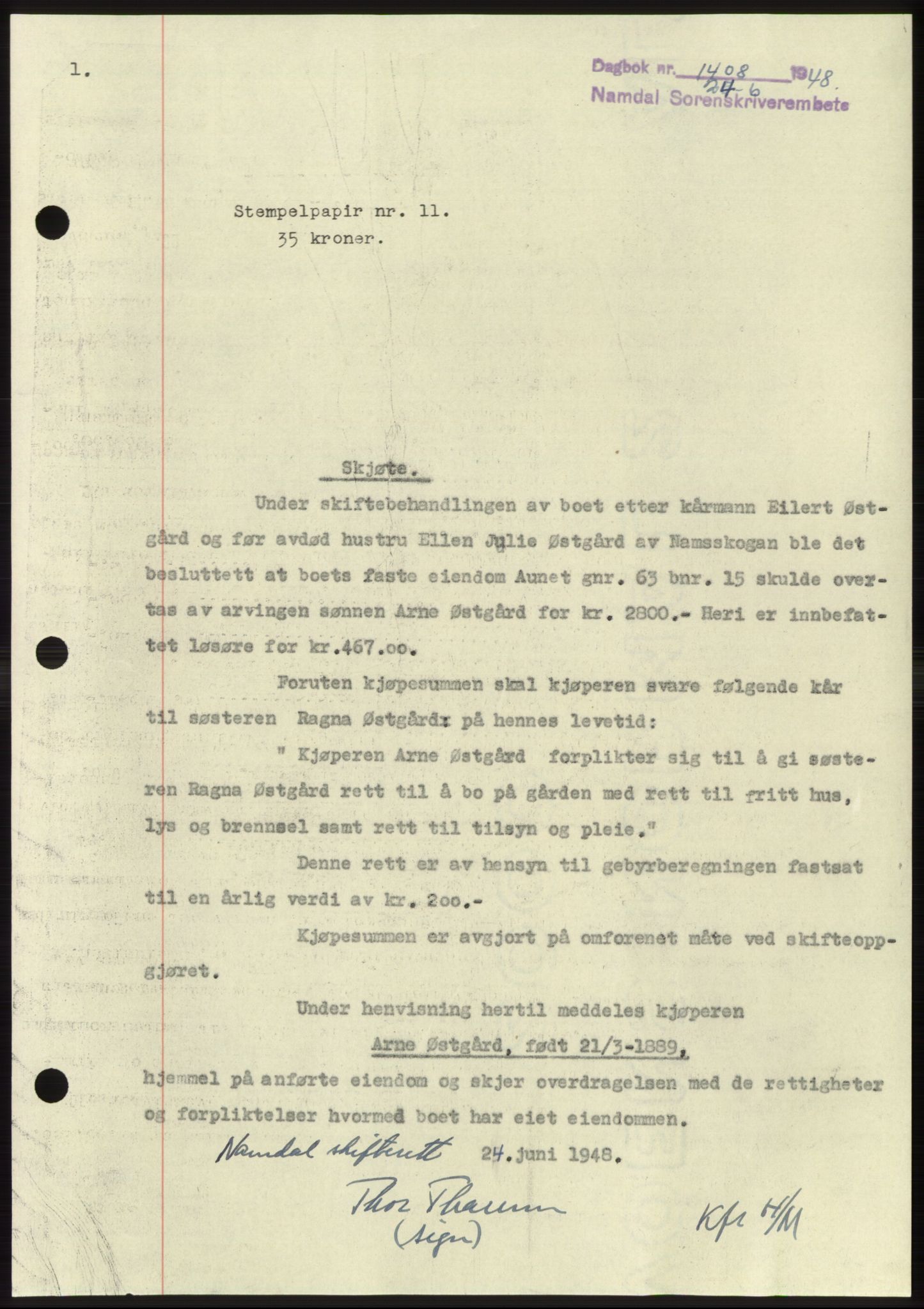 Namdal sorenskriveri, SAT/A-4133/1/2/2C: Pantebok nr. -, 1948-1948, Dagboknr: 1408/1948