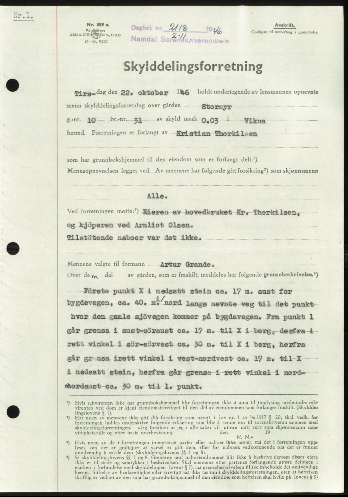 Namdal sorenskriveri, SAT/A-4133/1/2/2C: Pantebok nr. -, 1946-1947, Dagboknr: 2113/1946