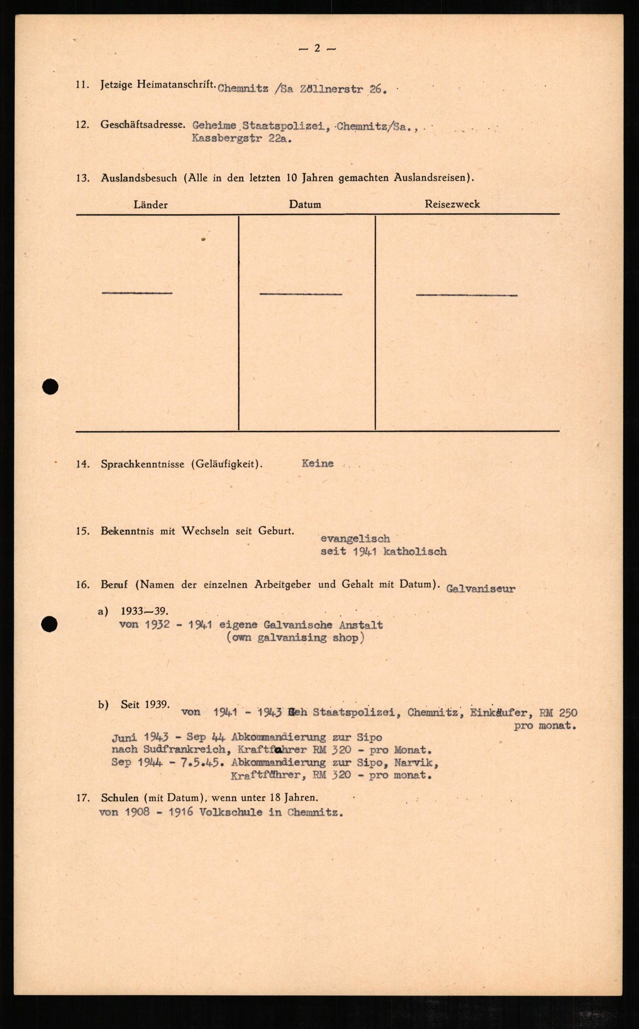 Forsvaret, Forsvarets overkommando II, RA/RAFA-3915/D/Db/L0007: CI Questionaires. Tyske okkupasjonsstyrker i Norge. Tyskere., 1945-1946, s. 82
