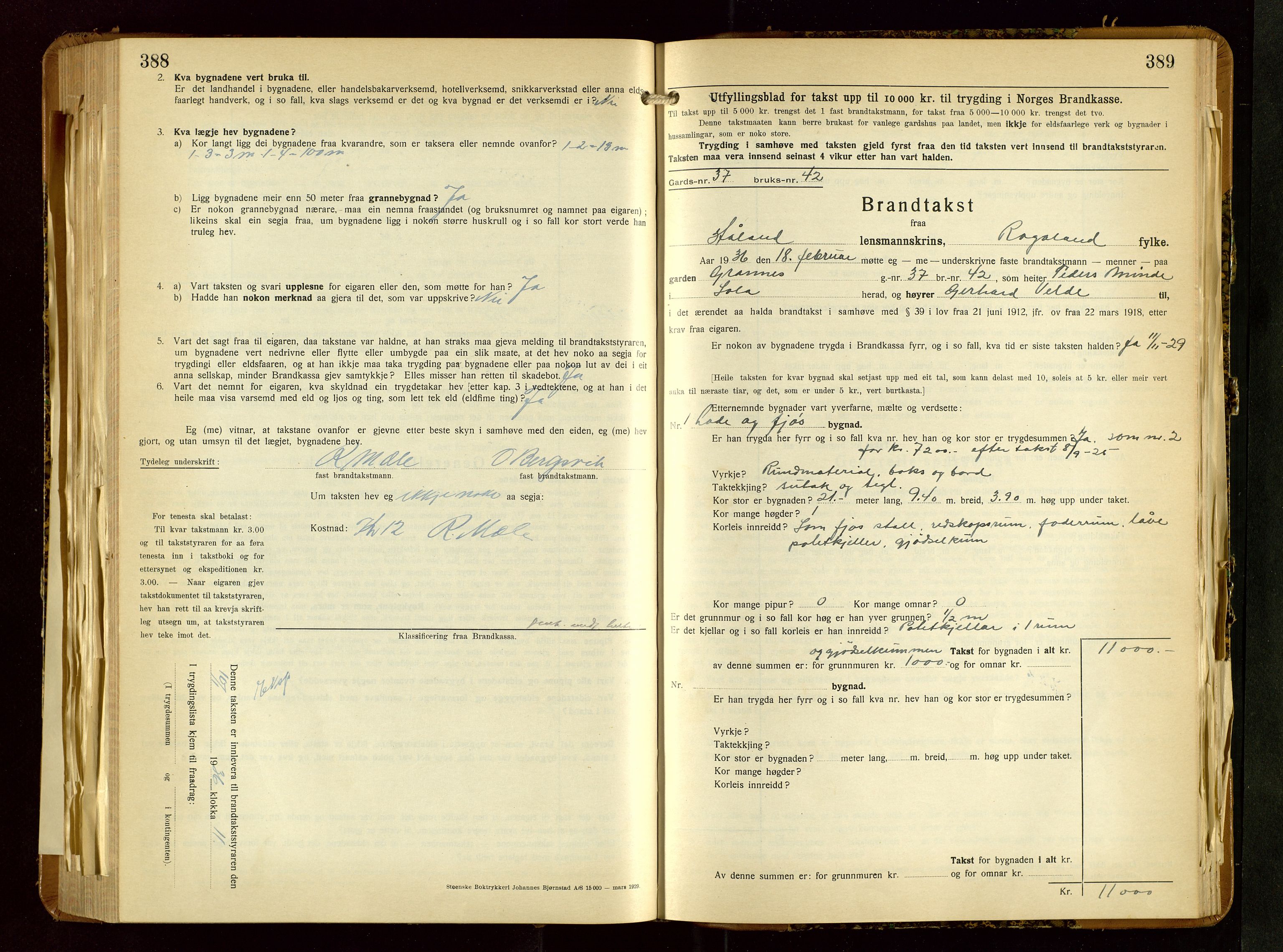 Håland lensmannskontor, SAST/A-100100/Gob/L0010: Branntakstprotokoll - skjematakst. Register i boken., 1933-1936, s. 388-389