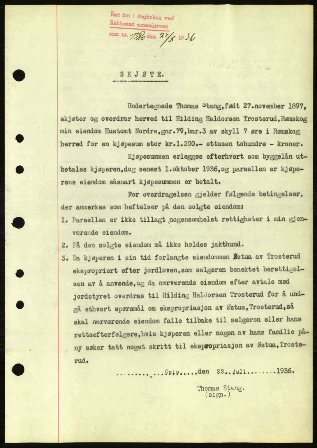 Rakkestad sorenskriveri, SAO/A-10686/G/Gb/Gba/Gbab/L0001: Pantebok nr. A1, 1936-1937, Dagboknr: 1380/1936