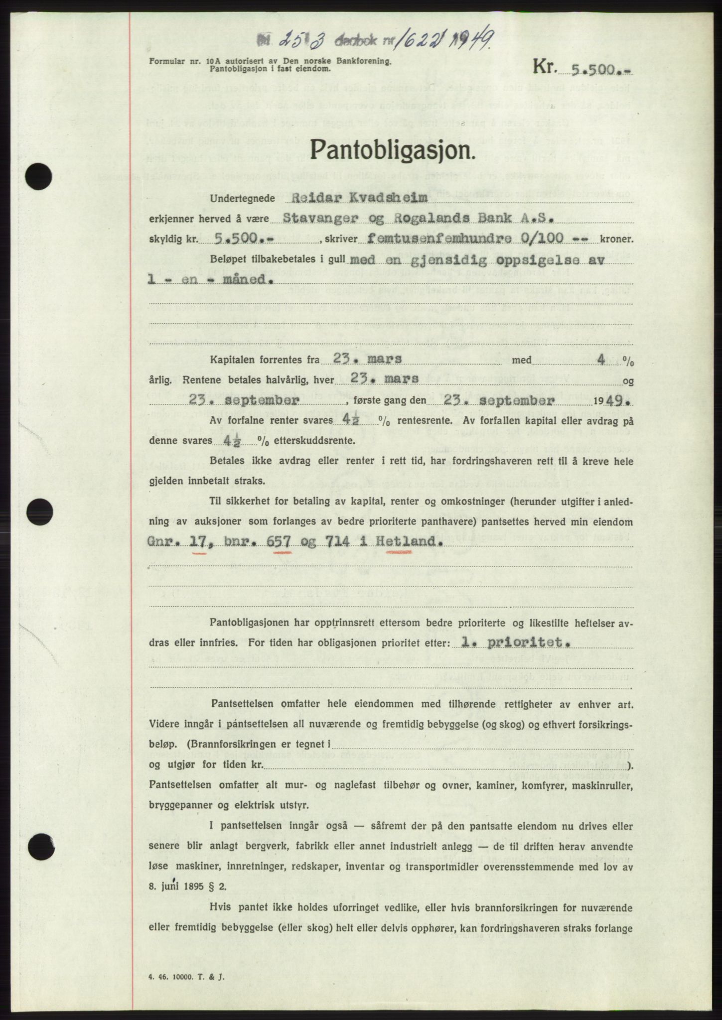 Jæren sorenskriveri, SAST/A-100310/03/G/Gba/L0102: Pantebok, 1949-1949, Dagboknr: 1622/1949