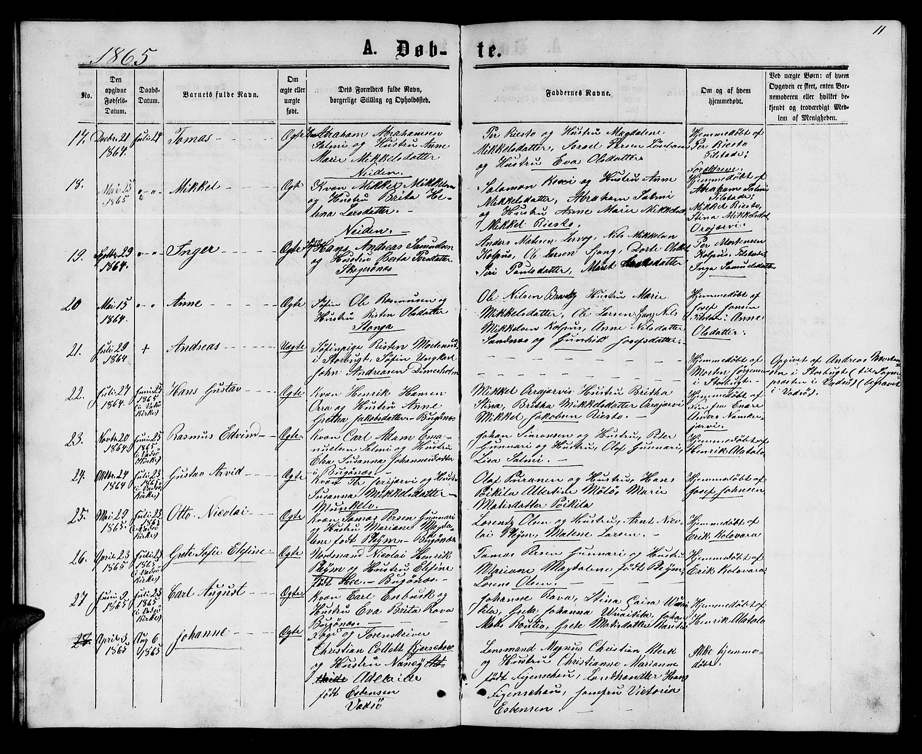 Sør-Varanger sokneprestkontor, AV/SATØ-S-1331/H/Hb/L0001klokker: Klokkerbok nr. 1, 1863-1872, s. 11