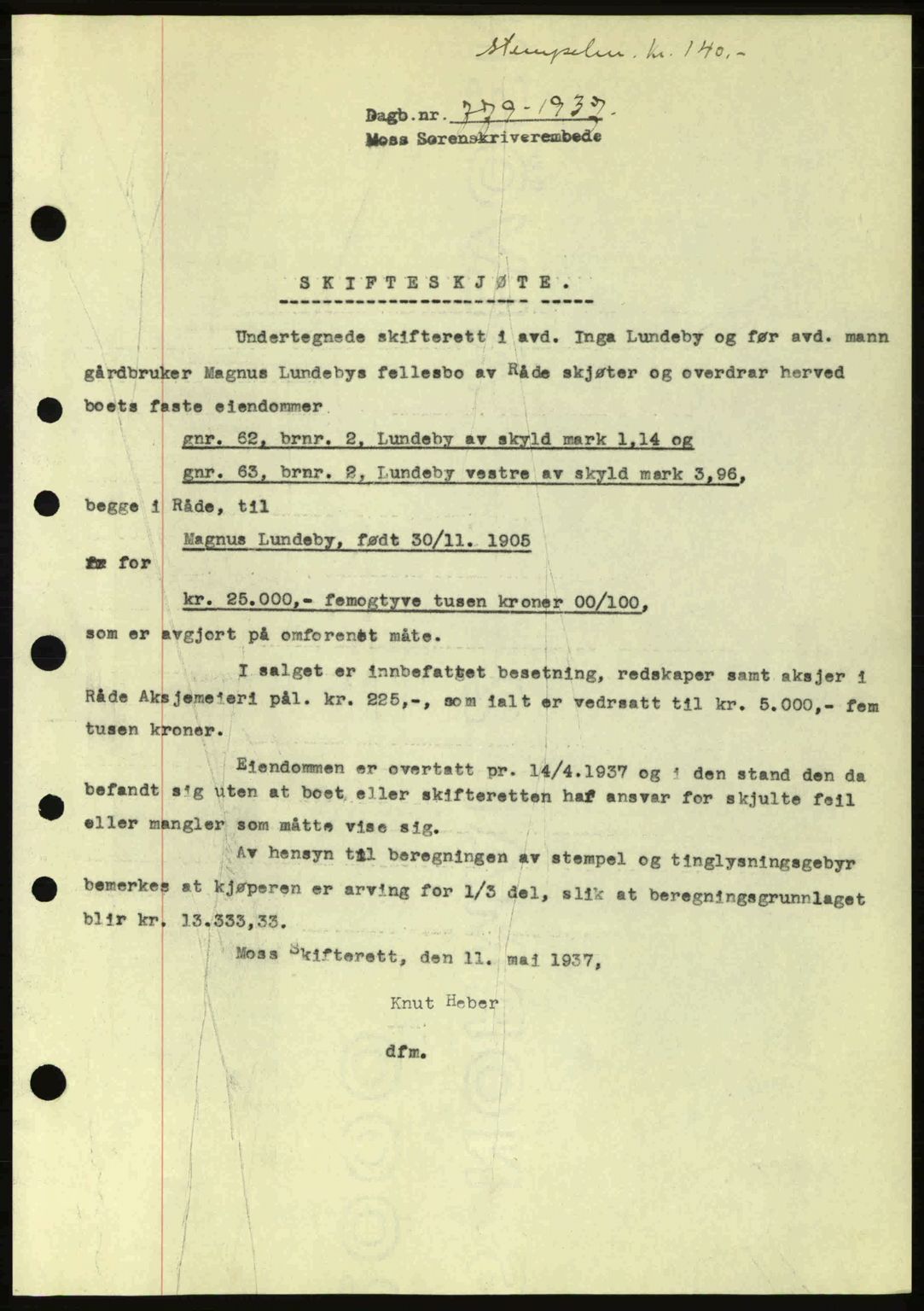 Moss sorenskriveri, SAO/A-10168: Pantebok nr. A2, 1936-1937, Dagboknr: 779/1937