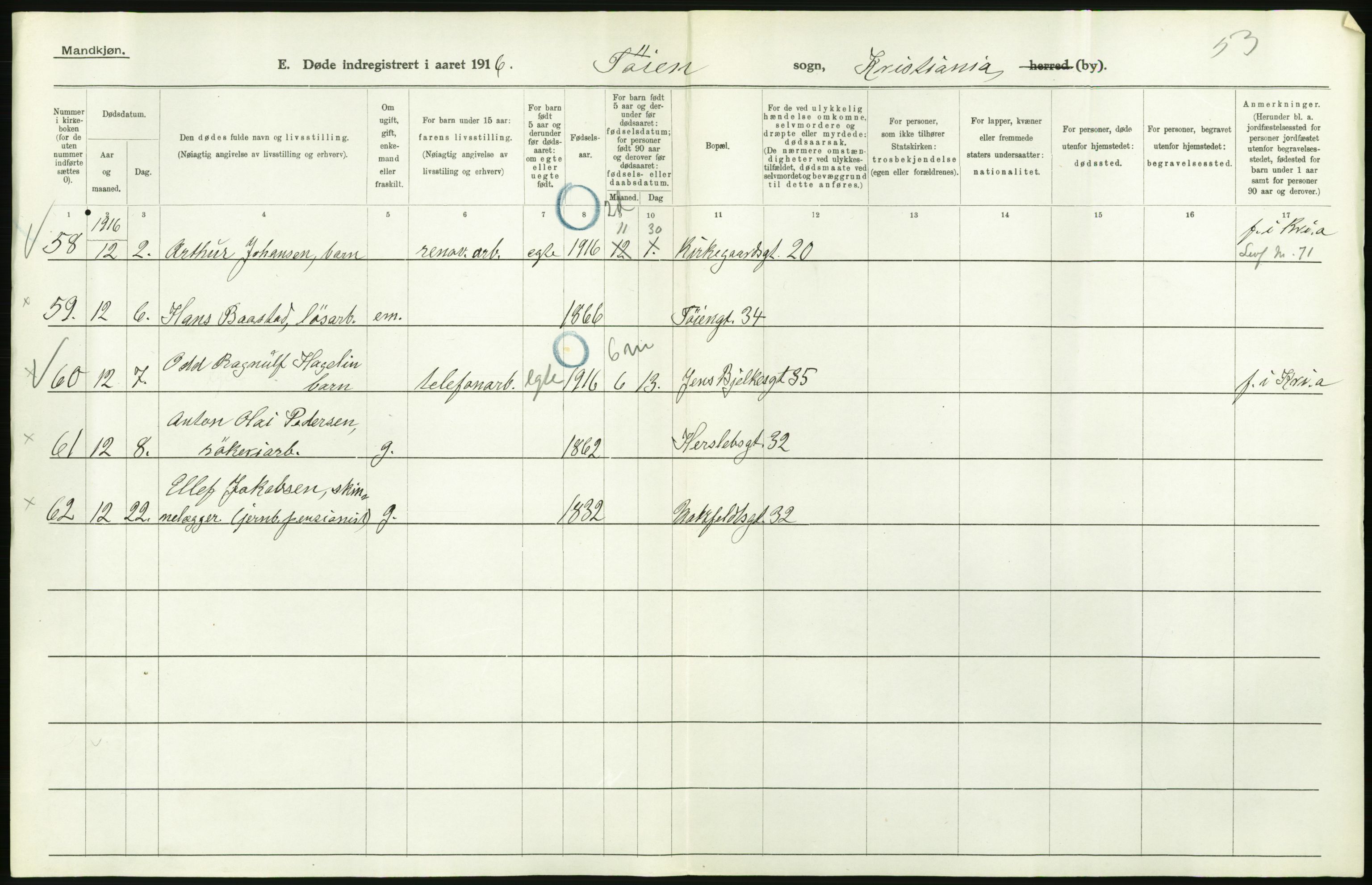 Statistisk sentralbyrå, Sosiodemografiske emner, Befolkning, AV/RA-S-2228/D/Df/Dfb/Dfbf/L0009: Kristiania: Døde., 1916, s. 498