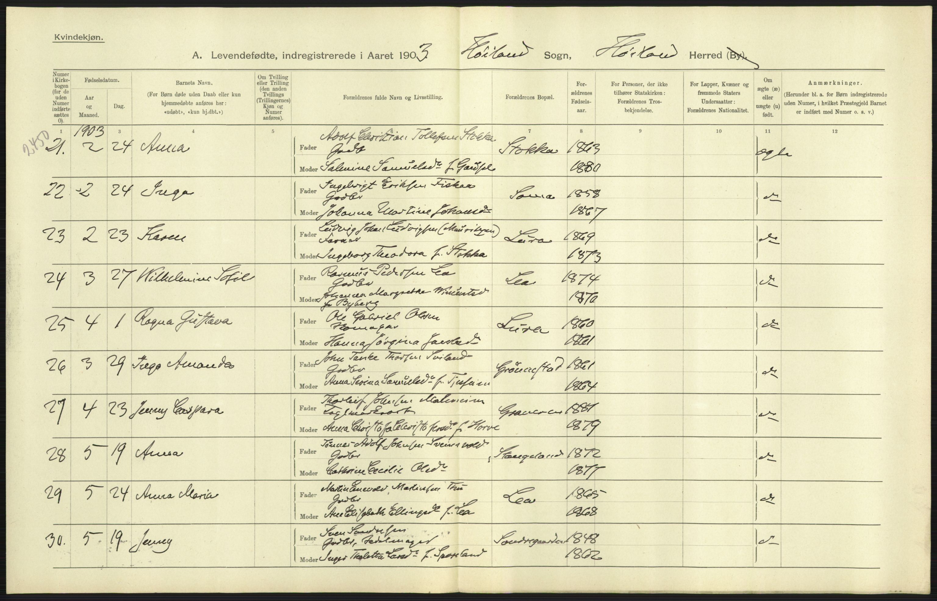 Statistisk sentralbyrå, Sosiodemografiske emner, Befolkning, AV/RA-S-2228/D/Df/Dfa/Dfaa/L0012: Stavanger amt: Fødte, gifte, døde, 1903, s. 11