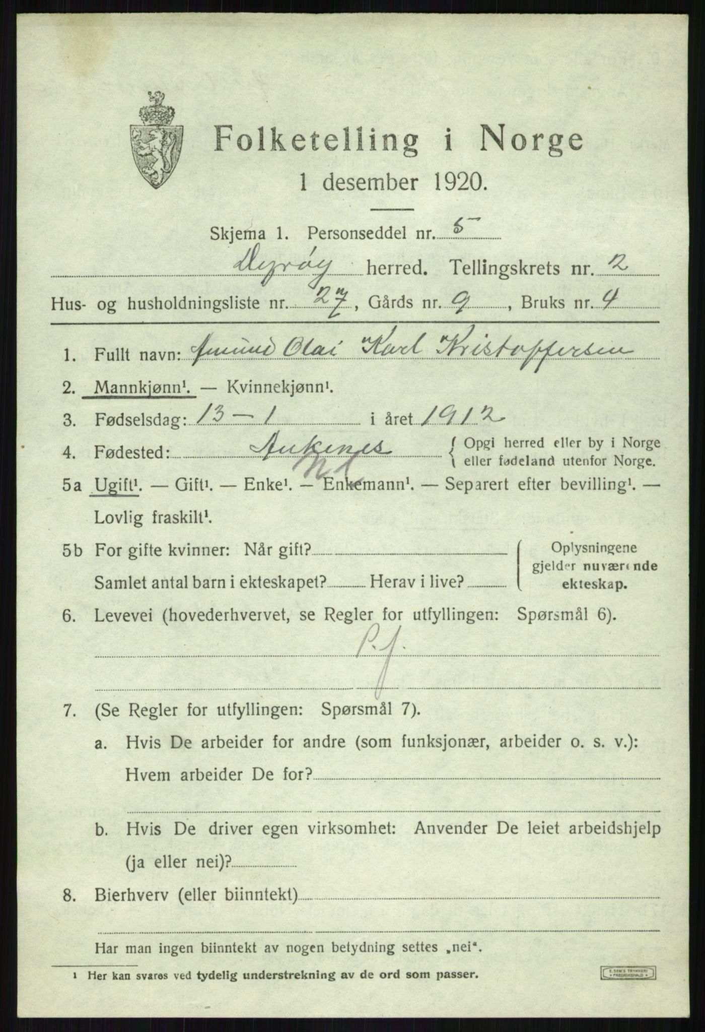 SATØ, Folketelling 1920 for 1926 Dyrøy herred, 1920, s. 1603
