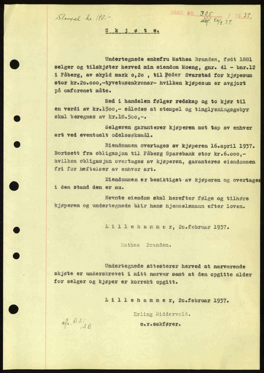 Sør-Gudbrandsdal tingrett, SAH/TING-004/H/Hb/Hbd/L0002: Pantebok nr. A2, 1936-1937, Dagboknr: 305/1937