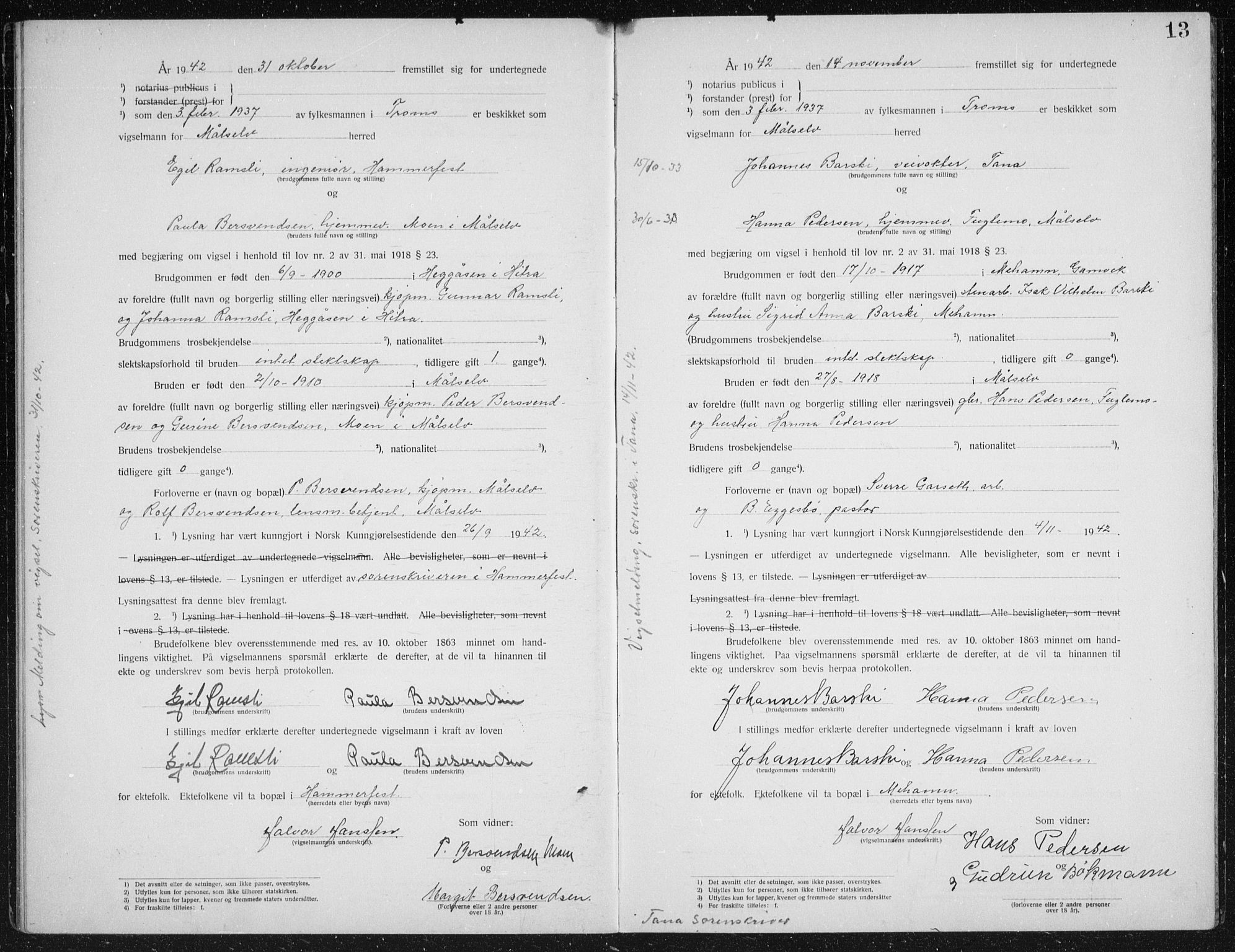 Målselv sokneprestembete, AV/SATØ-S-1311/I/Ie/L0046: Vigselsbok (dissentere) nr. 46, 1919-1942, s. 13