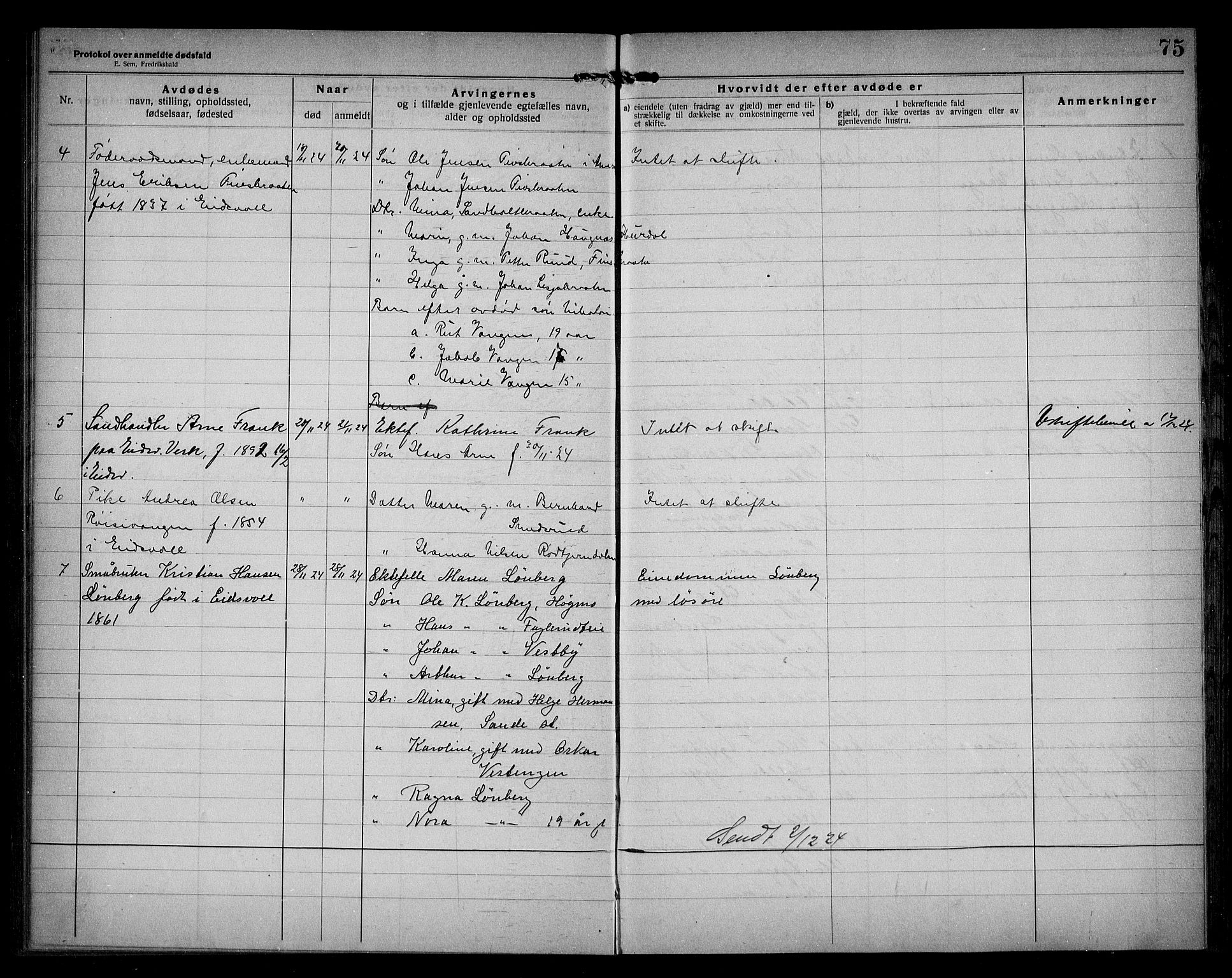 Eidsvoll lensmannskontor, AV/SAO-A-10266a/H/Ha/Haa/L0005: Dødsfallprotokoll, 1921-1930, s. 75