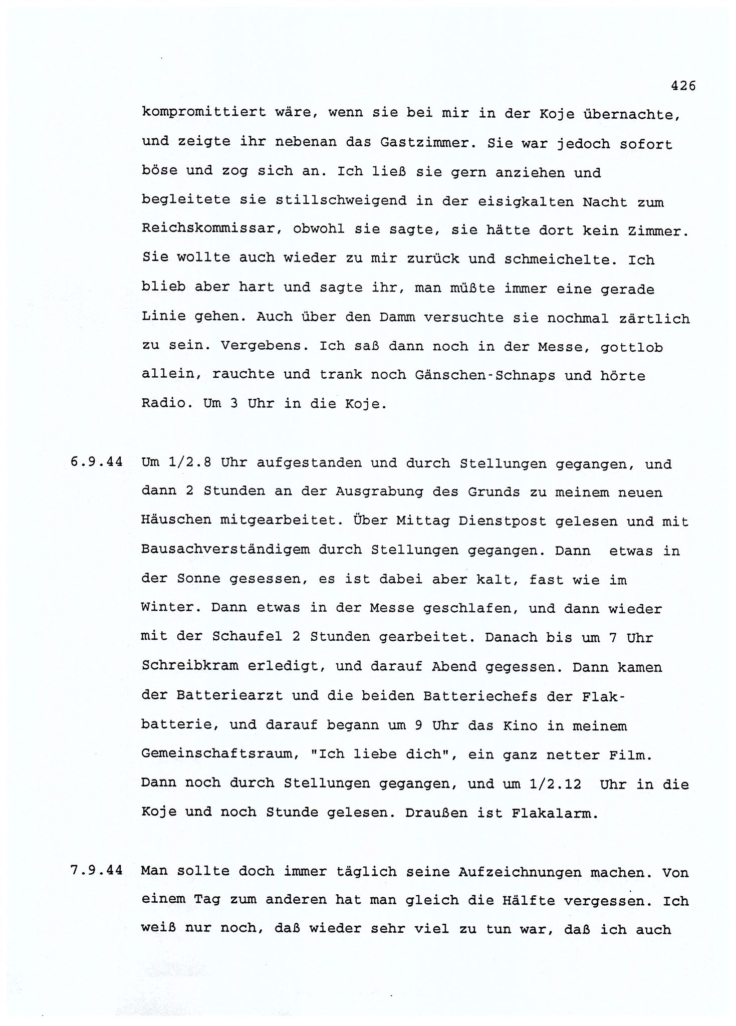 Dagbokopptegnelser av en tysk marineoffiser stasjonert i Norge , FMFB/A-1160/F/L0001: Dagbokopptegnelser av en tysk marineoffiser stasjonert i Norge, 1941-1944, s. 426