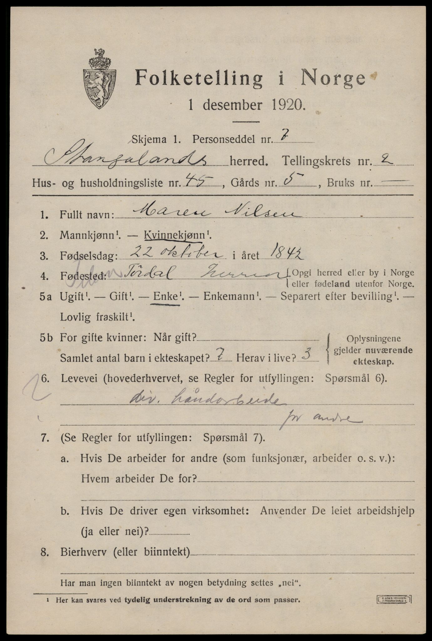 SAST, Folketelling 1920 for 1148 Stangaland herred, 1920, s. 1779