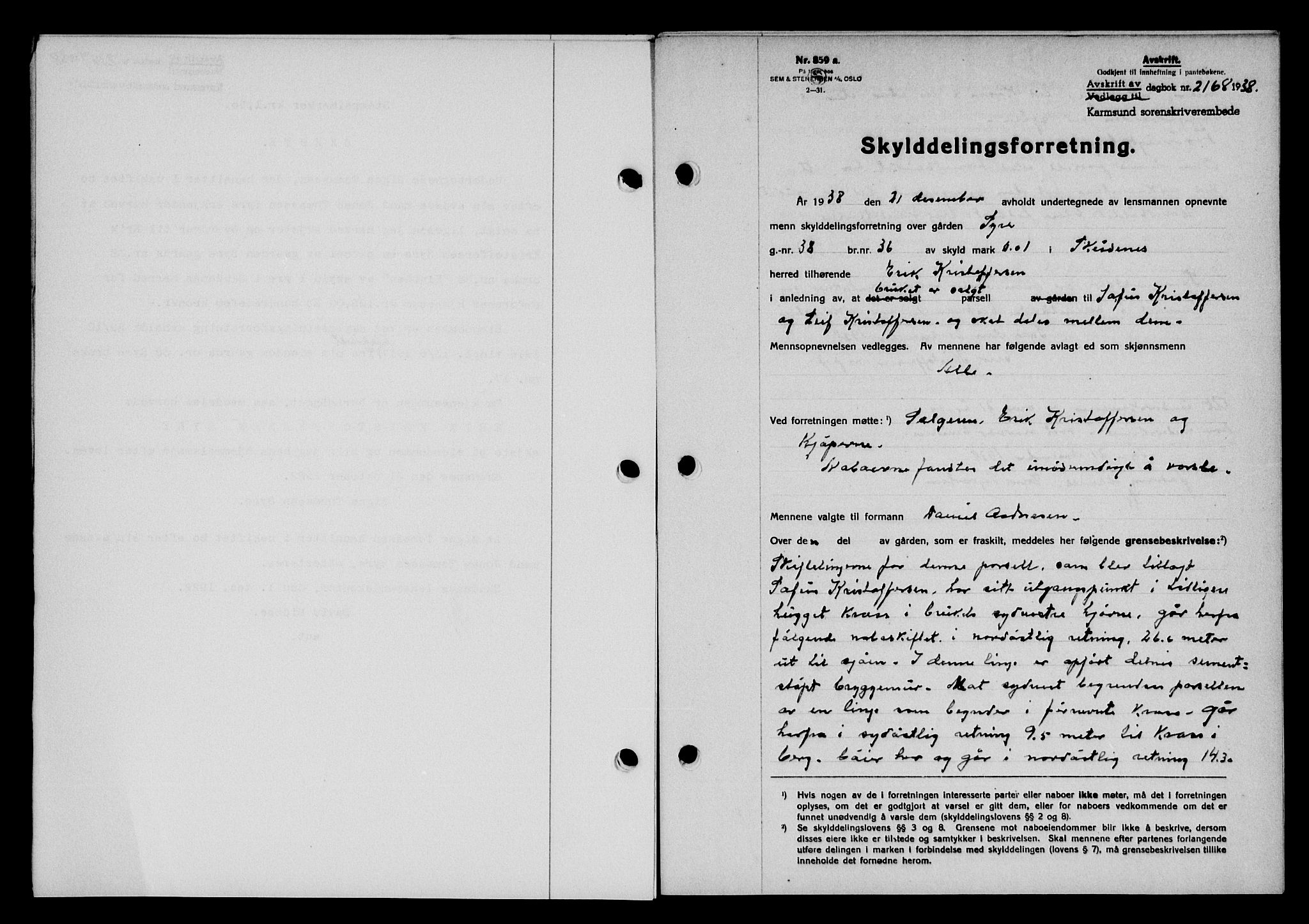 Karmsund sorenskriveri, SAST/A-100311/01/II/IIB/L0070: Pantebok nr. 51A, 1938-1939, Dagboknr: 2168/1938