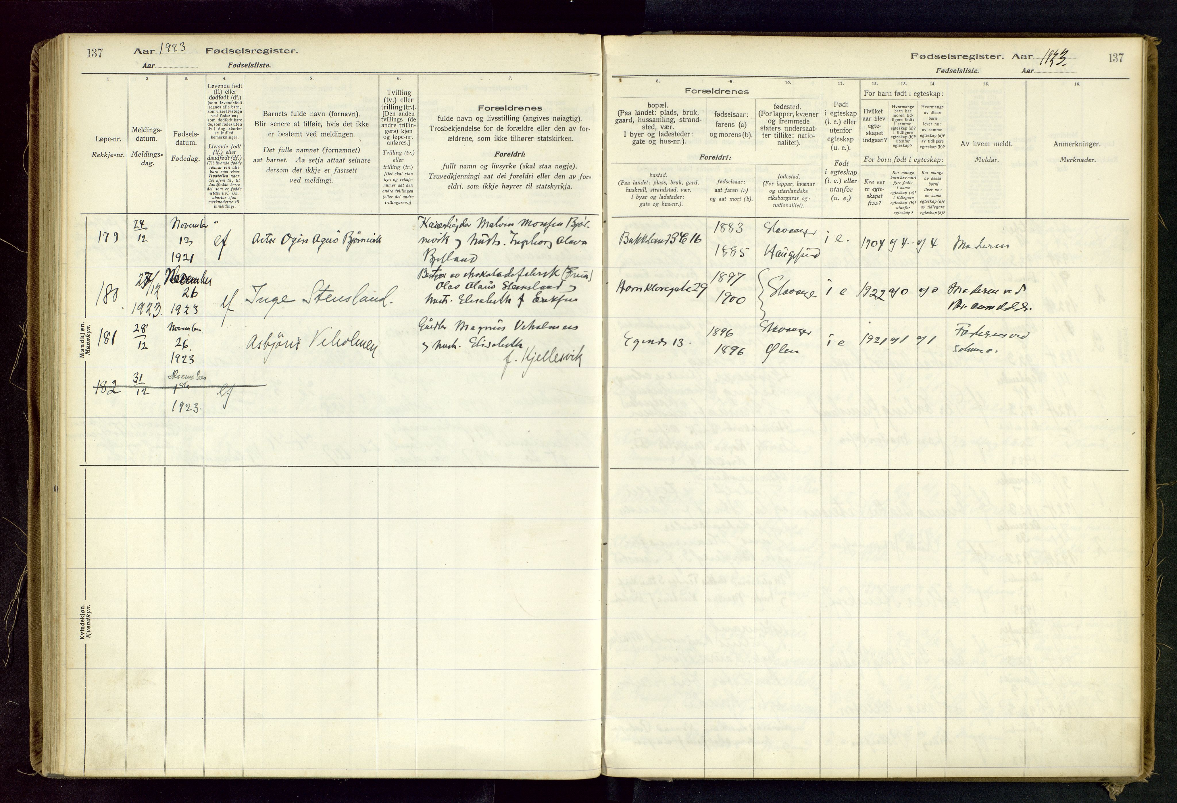 Domkirken sokneprestkontor, AV/SAST-A-101812/002/B/L0002: Fødselsregister nr. 2, 1920-1925, s. 137