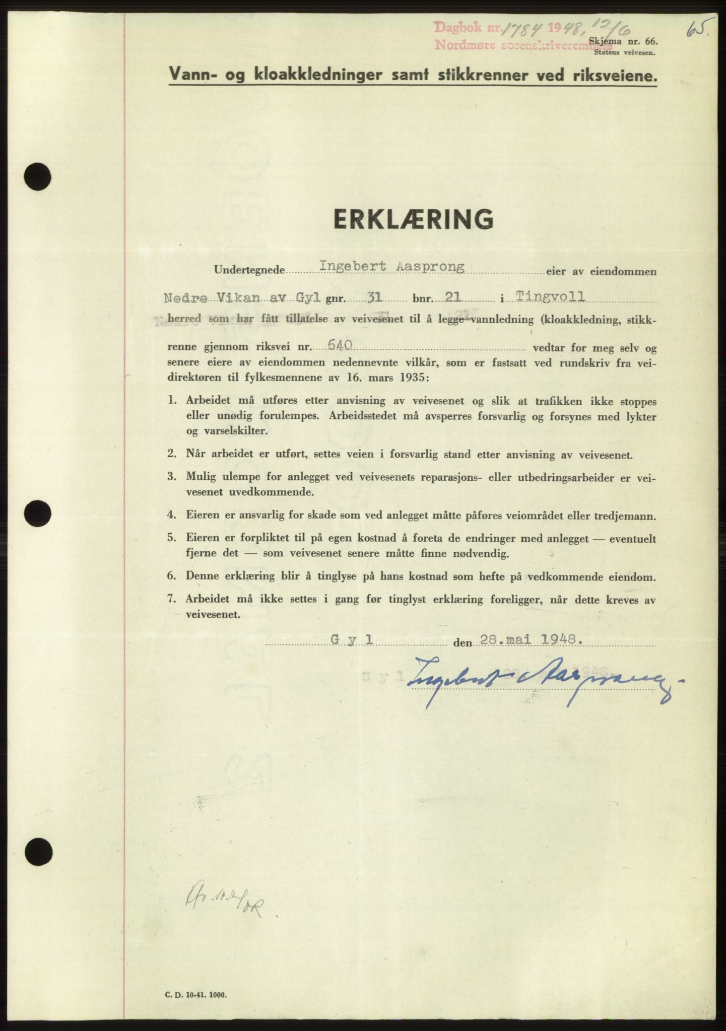 Nordmøre sorenskriveri, SAT/A-4132/1/2/2Ca: Pantebok nr. B99, 1948-1948, Dagboknr: 1784/1948