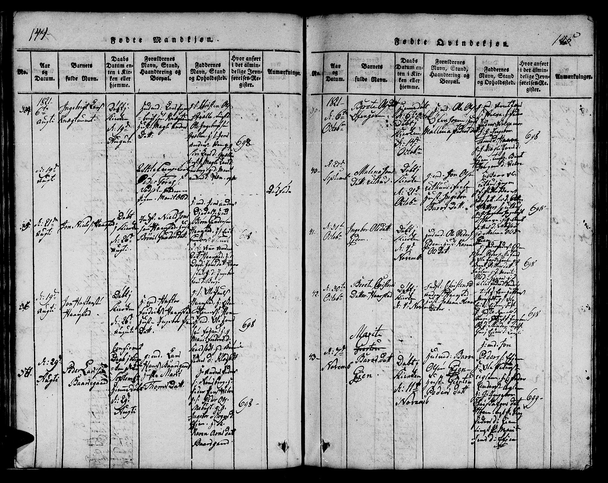 Ministerialprotokoller, klokkerbøker og fødselsregistre - Sør-Trøndelag, AV/SAT-A-1456/695/L1152: Klokkerbok nr. 695C03, 1816-1831, s. 144-145