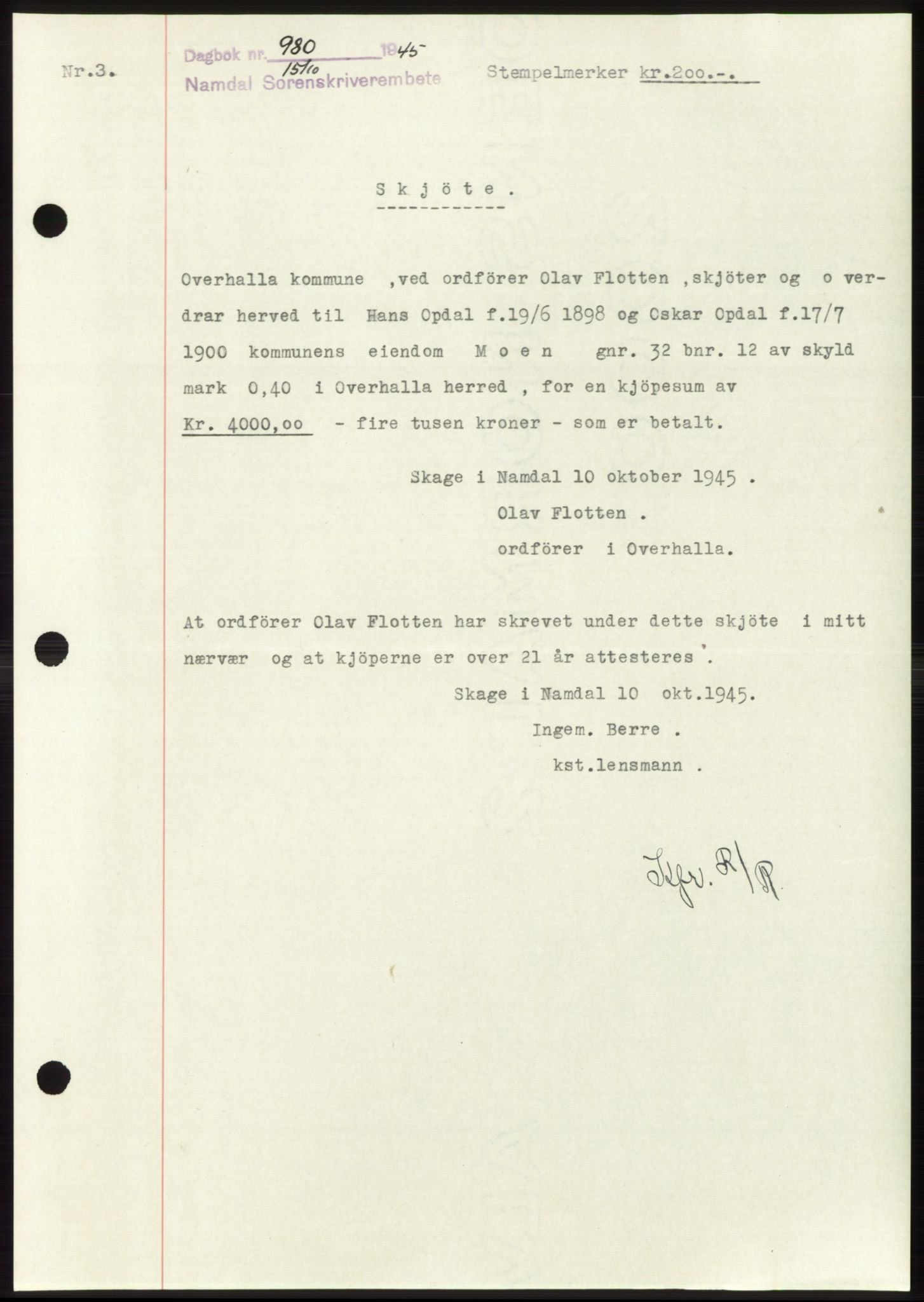 Namdal sorenskriveri, SAT/A-4133/1/2/2C: Pantebok nr. -, 1944-1945, Dagboknr: 980/1945