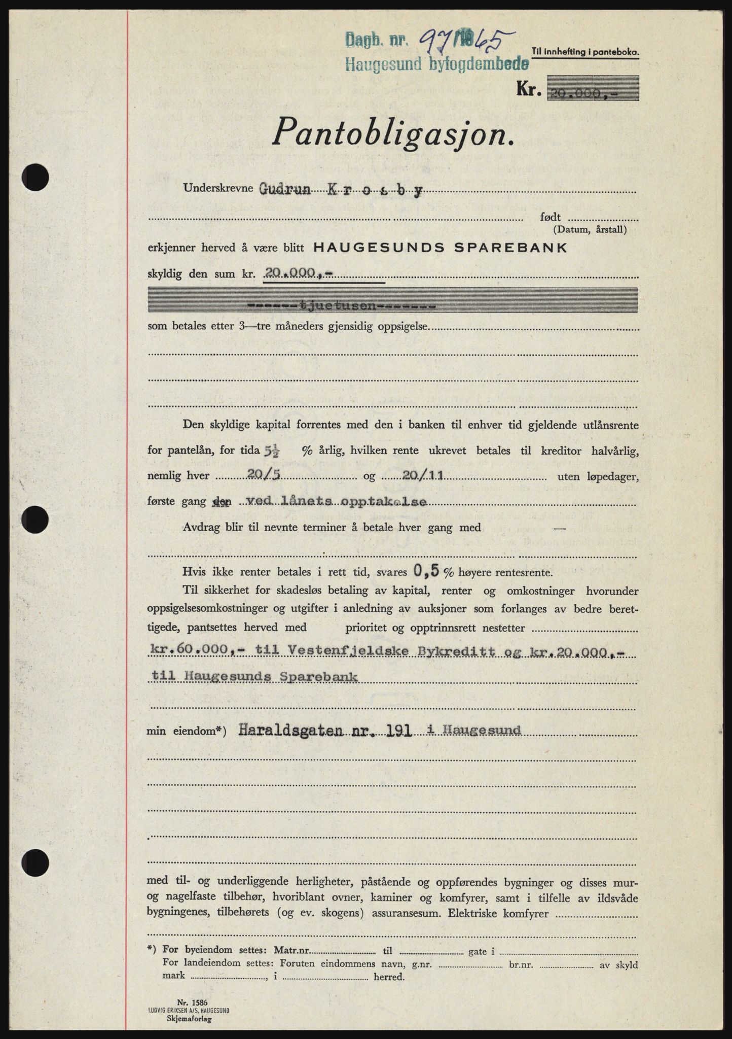 Haugesund tingrett, SAST/A-101415/01/II/IIC/L0053: Pantebok nr. B 53, 1965-1965, Dagboknr: 97/1965