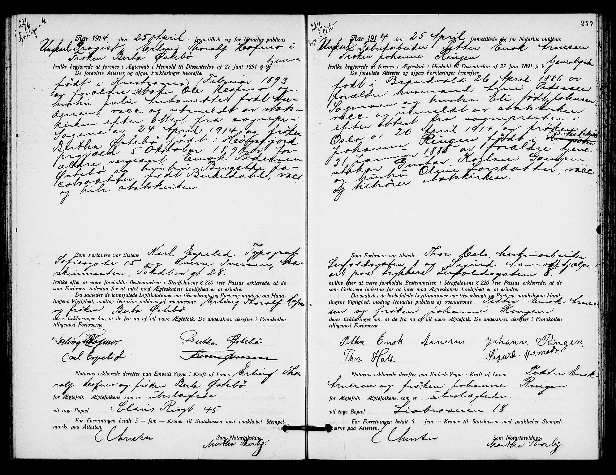 Oslo byfogd avd. I, AV/SAO-A-10220/L/Lb/Lbb/L0009: Notarialprotokoll, rekke II: Vigsler, 1913-1914, s. 246b-247a