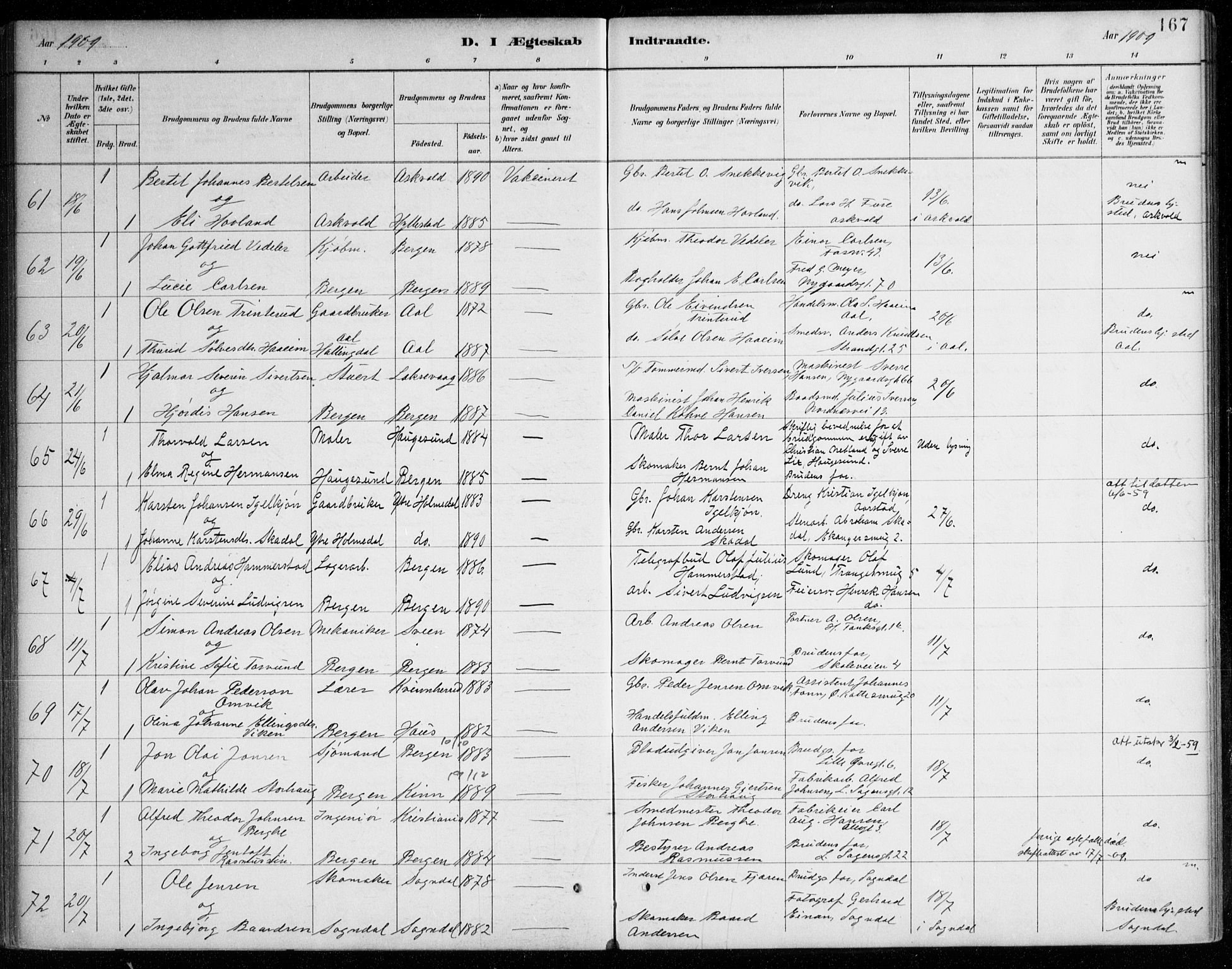 Johanneskirken sokneprestembete, AV/SAB-A-76001/H/Haa/L0012: Ministerialbok nr. D 1, 1885-1912, s. 167