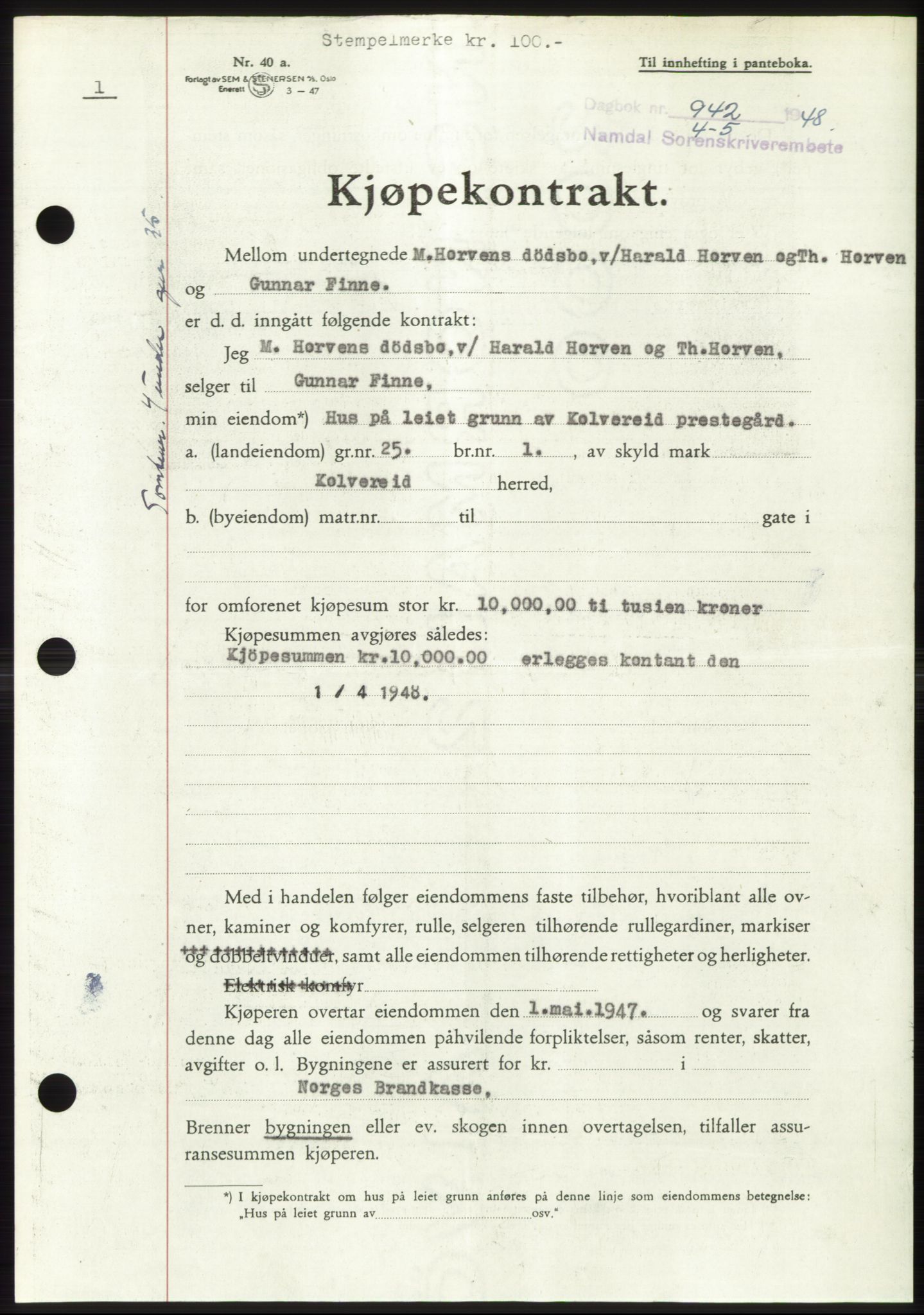 Namdal sorenskriveri, SAT/A-4133/1/2/2C: Pantebok nr. -, 1947-1948, Dagboknr: 942/1948