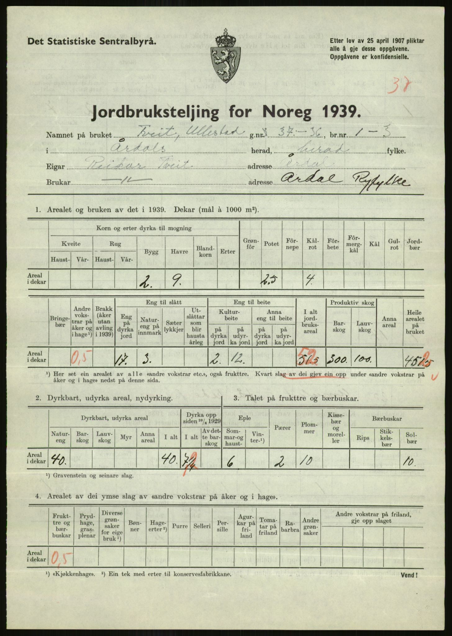 Statistisk sentralbyrå, Næringsøkonomiske emner, Jordbruk, skogbruk, jakt, fiske og fangst, AV/RA-S-2234/G/Gb/L0184: Rogaland: Årdal, Fister og Hjelmeland, 1939, s. 697