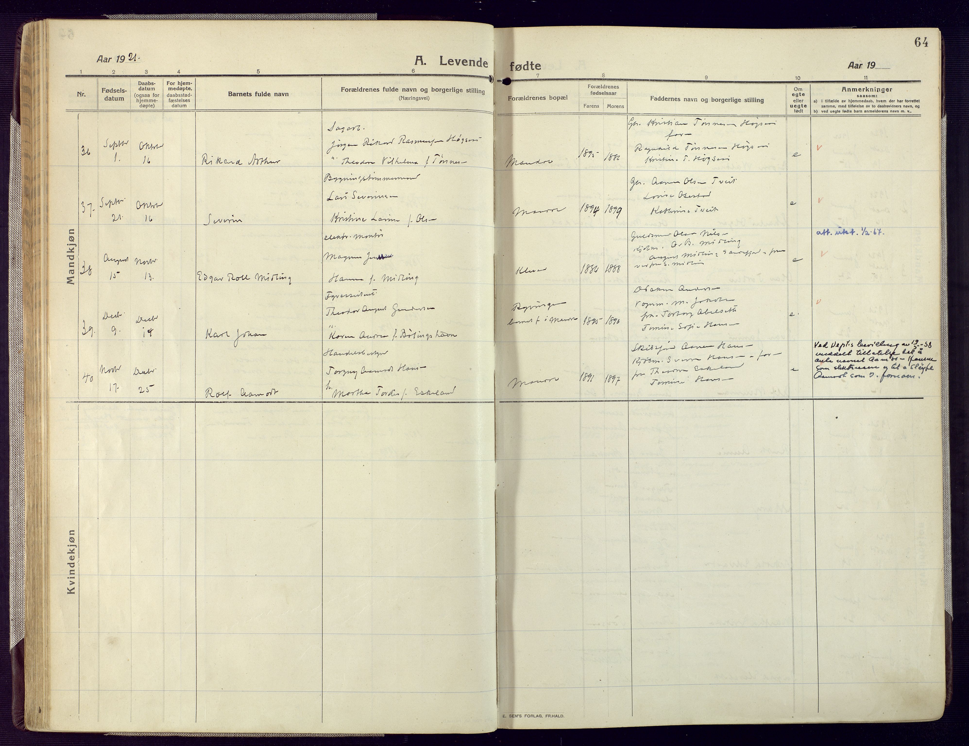 Mandal sokneprestkontor, SAK/1111-0030/F/Fa/Fac/L0001: Ministerialbok nr. A 1, 1913-1925, s. 64
