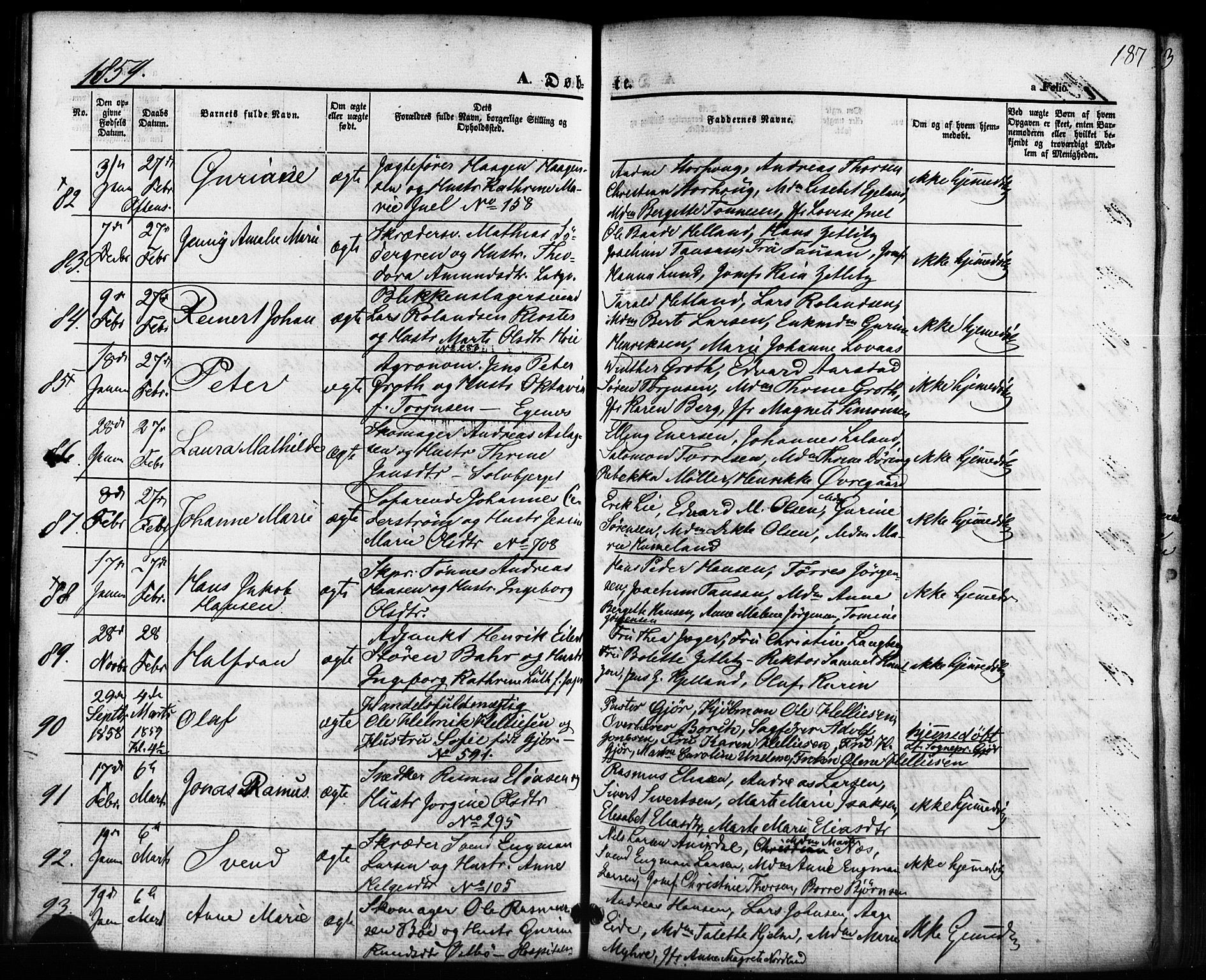 Domkirken sokneprestkontor, AV/SAST-A-101812/001/30/30BB/L0010: Klokkerbok nr. B 10, 1855-1860, s. 187