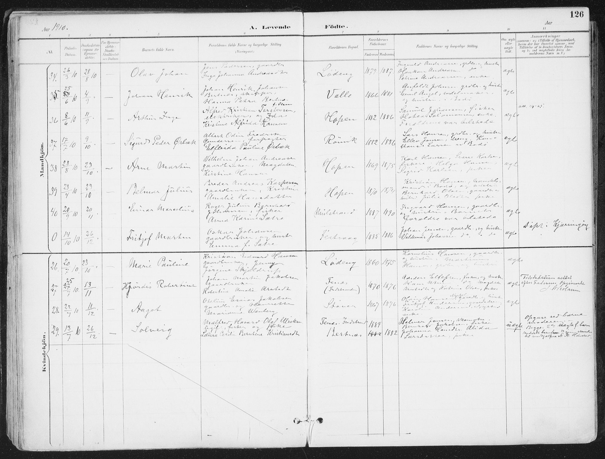 Ministerialprotokoller, klokkerbøker og fødselsregistre - Nordland, SAT/A-1459/802/L0055: Ministerialbok nr. 802A02, 1894-1915, s. 126