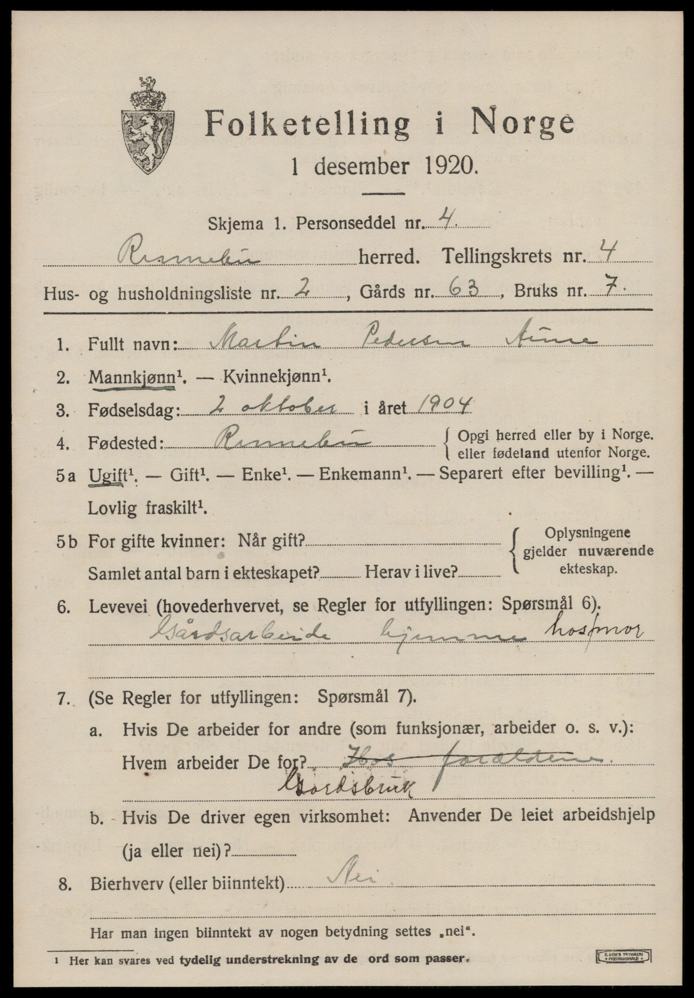 SAT, Folketelling 1920 for 1635 Rennebu herred, 1920, s. 2542