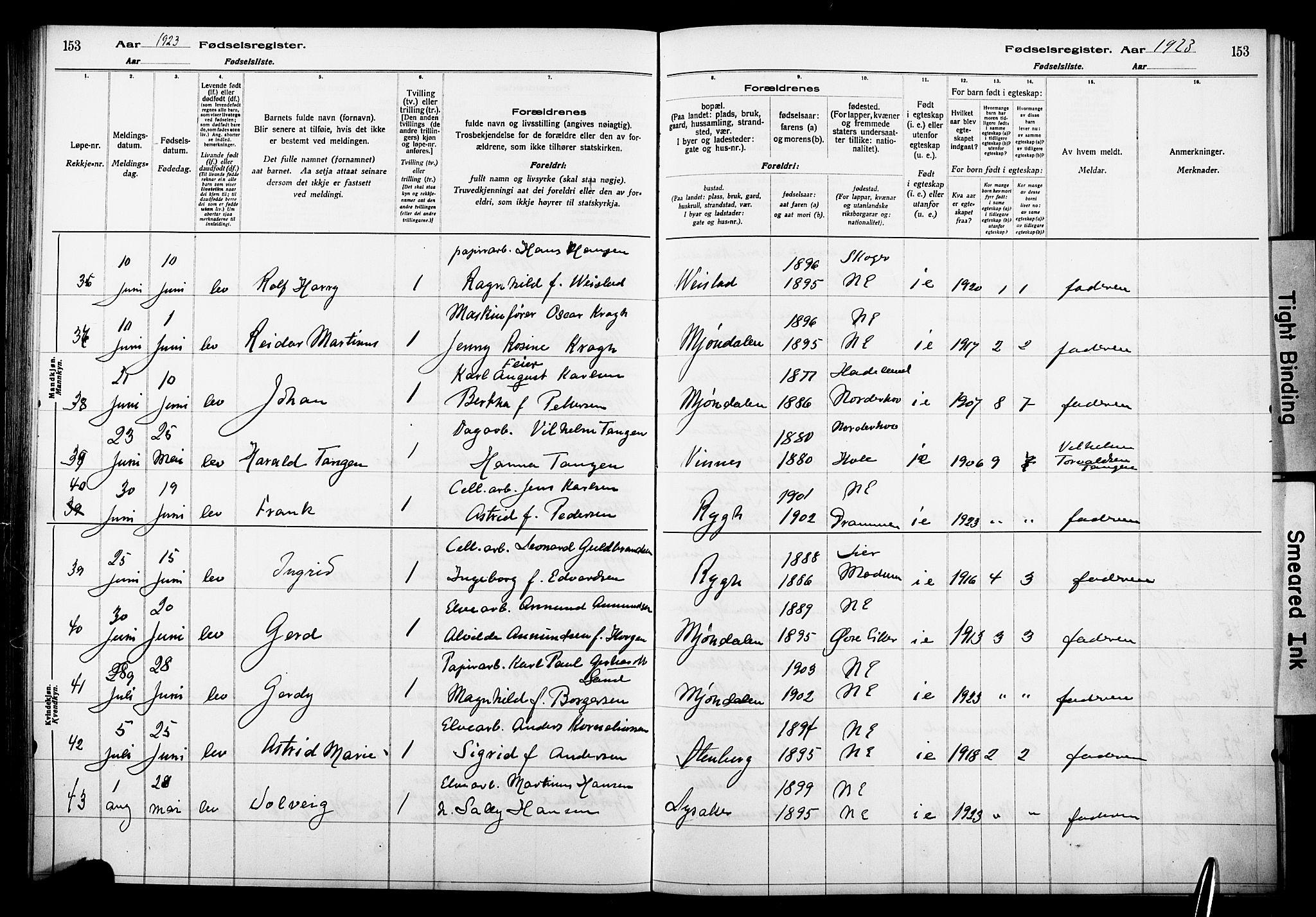 Nedre Eiker kirkebøker, AV/SAKO-A-612/J/Ja/L0001: Fødselsregister nr. 1, 1916-1925, s. 153