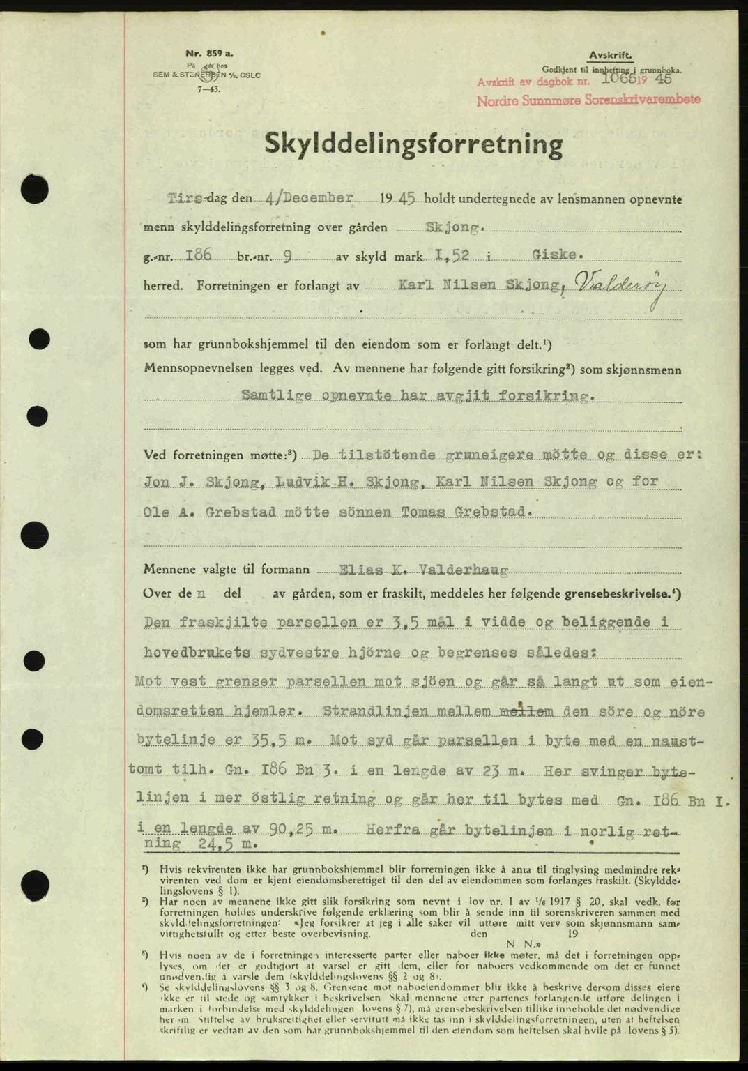 Nordre Sunnmøre sorenskriveri, SAT/A-0006/1/2/2C/2Ca: Pantebok nr. A20a, 1945-1945, Dagboknr: 1065/1945