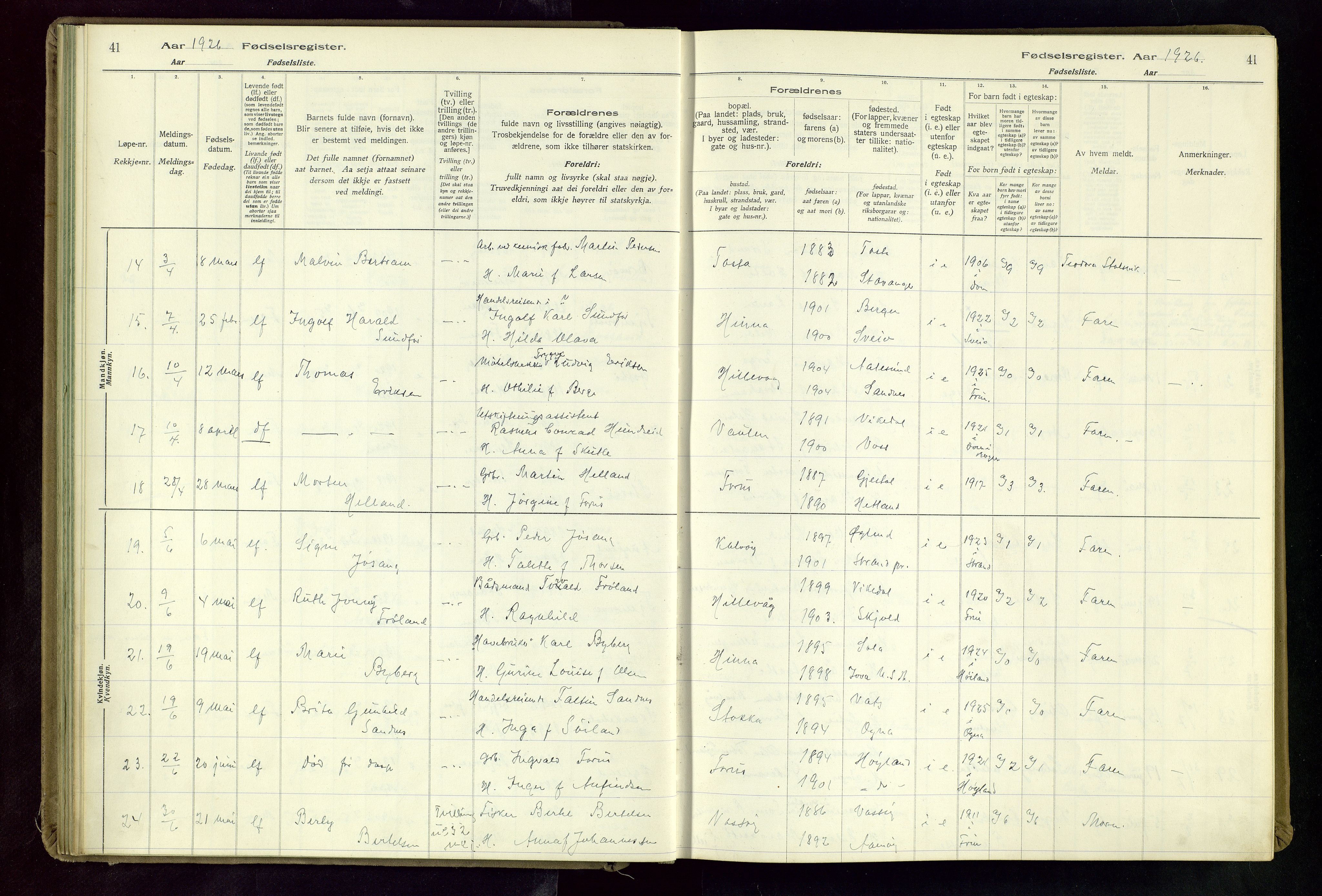 Hetland sokneprestkontor, AV/SAST-A-101826/70/704BA/L0004: Fødselsregister nr. 4, 1923-1937, s. 41