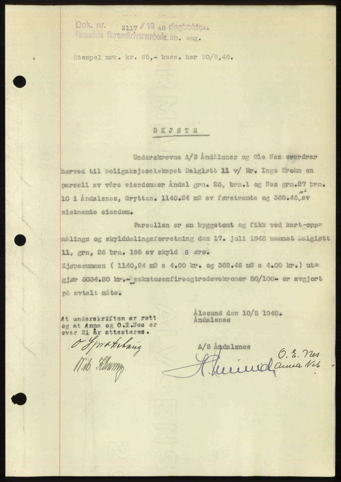 Romsdal sorenskriveri, SAT/A-4149/1/2/2C: Pantebok nr. A27, 1948-1948, Dagboknr: 2117/1948