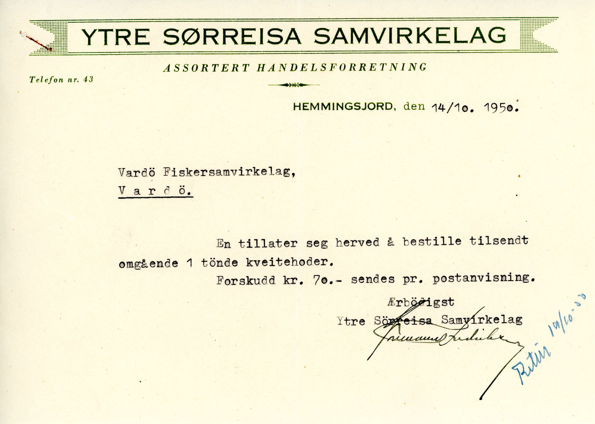 Vardø Fiskersamvirkelag, VAMU/A-0037/D/Da/L0004: Korrespondanse Ko-Ma, 1945-1950