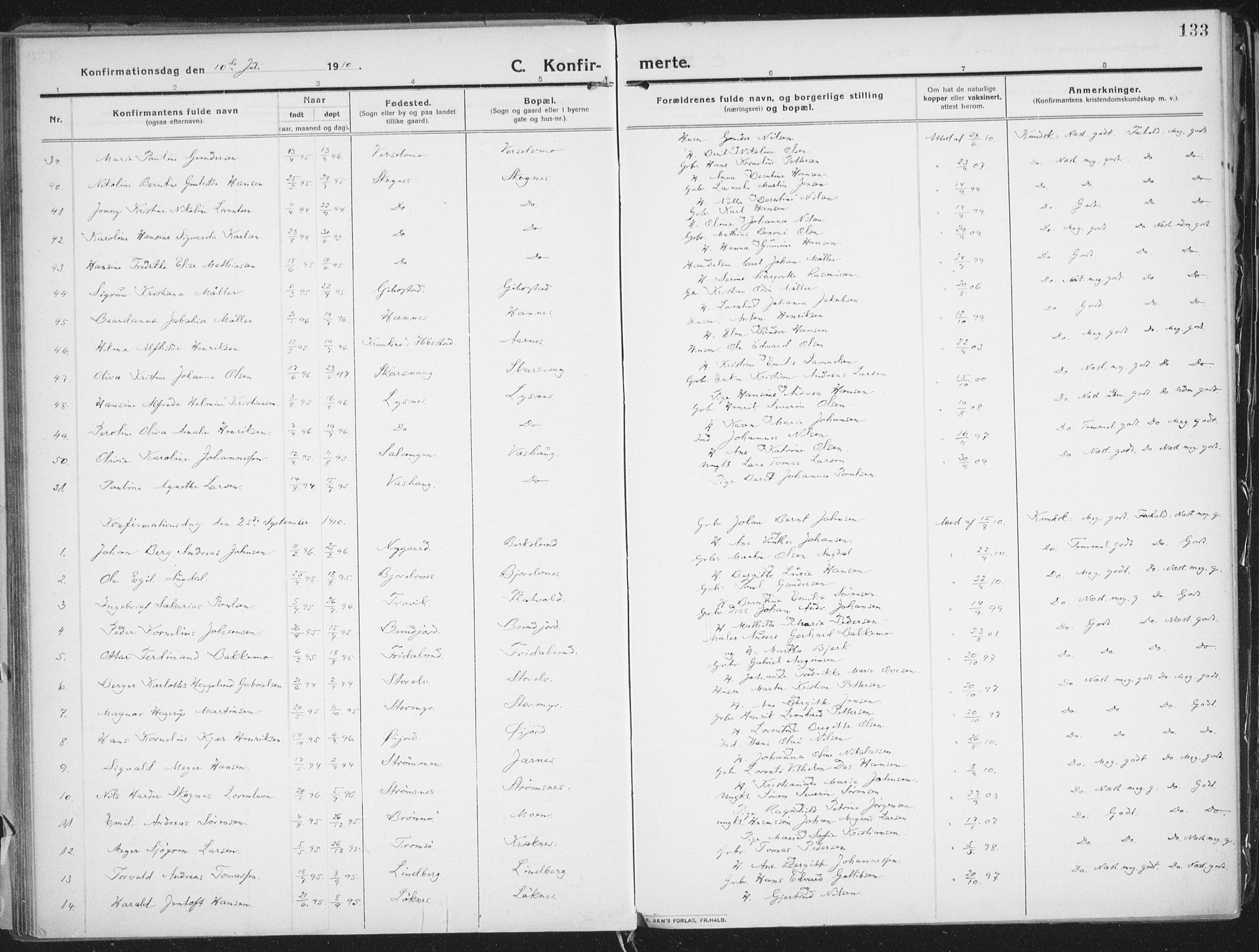 Lenvik sokneprestembete, SATØ/S-1310/H/Ha/Haa/L0016kirke: Ministerialbok nr. 16, 1910-1924, s. 133