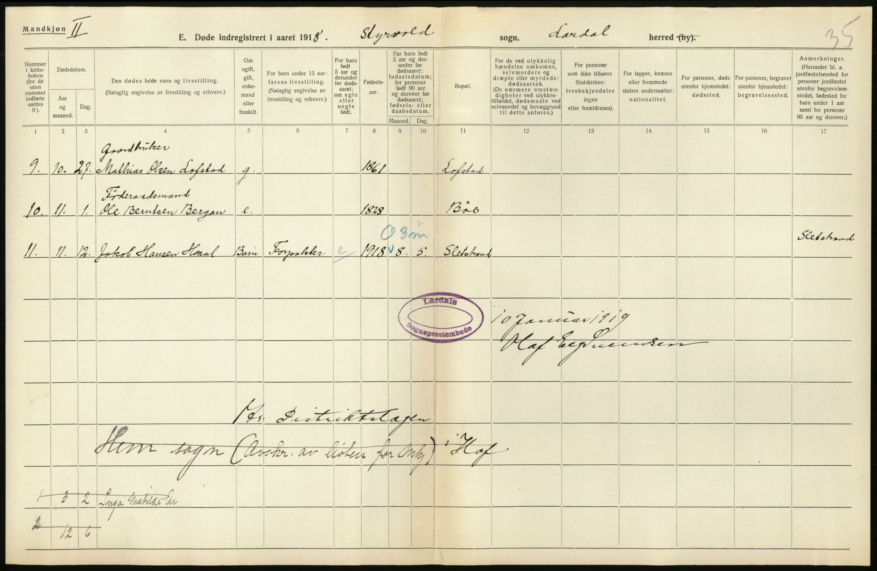 Statistisk sentralbyrå, Sosiodemografiske emner, Befolkning, AV/RA-S-2228/D/Df/Dfb/Dfbh/L0023: Vestfold fylke: Døde. Bygder og byer., 1918, s. 176