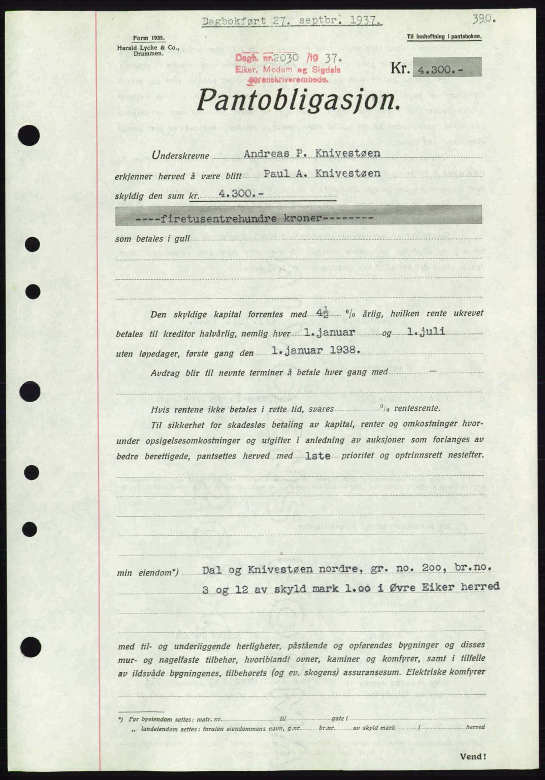 Eiker, Modum og Sigdal sorenskriveri, SAKO/A-123/G/Ga/Gab/L0036: Pantebok nr. A6, 1937-1937, Dagboknr: 2030/1937