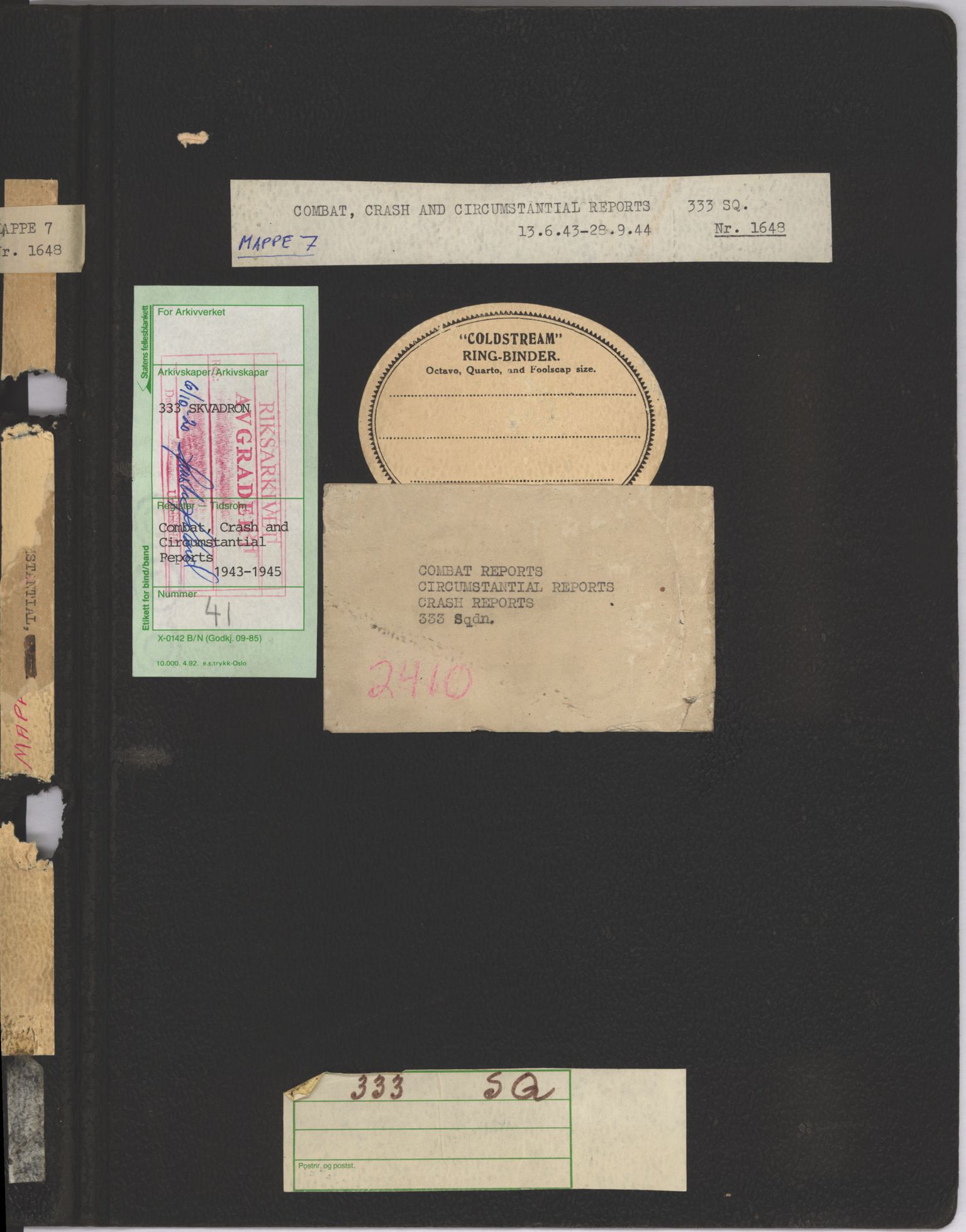 Forsvaret, 333 Skvadron, AV/RA-RAFA-2003/1/Da/L0041: Combat, Crash and and Circumstantial Reports , 1943-1945, s. 1