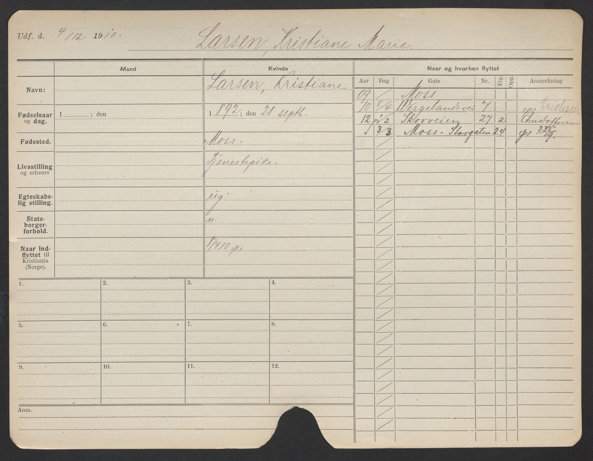 Oslo folkeregister, Registerkort, AV/SAO-A-11715/F/Fa/Fac/L0019: Kvinner, 1906-1914, s. 1017a