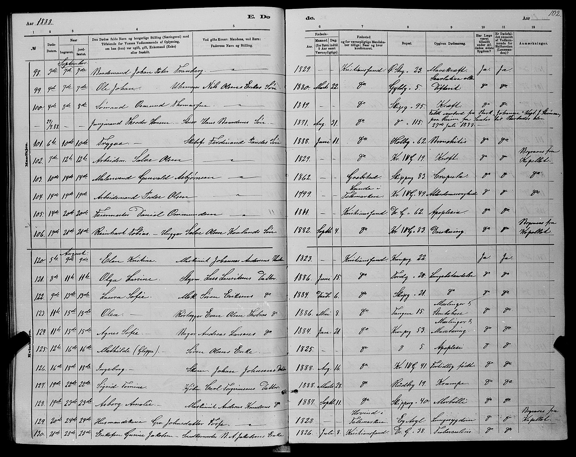 Kristiansand domprosti, AV/SAK-1112-0006/F/Fb/L0016: Klokkerbok nr. B 16, 1881-1893, s. 102