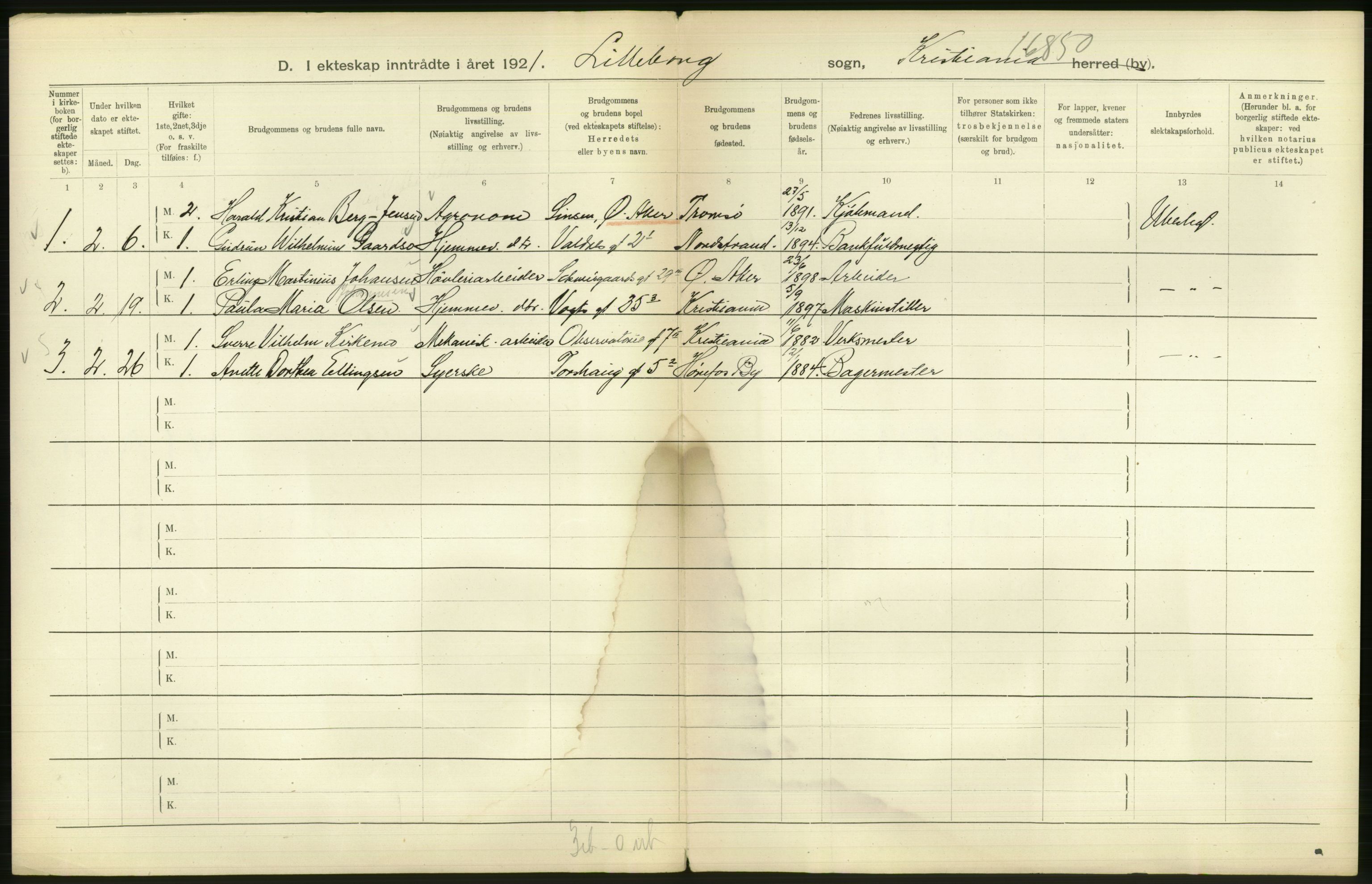 Statistisk sentralbyrå, Sosiodemografiske emner, Befolkning, AV/RA-S-2228/D/Df/Dfc/Dfca/L0011: Kristiania: Gifte, 1921, s. 416