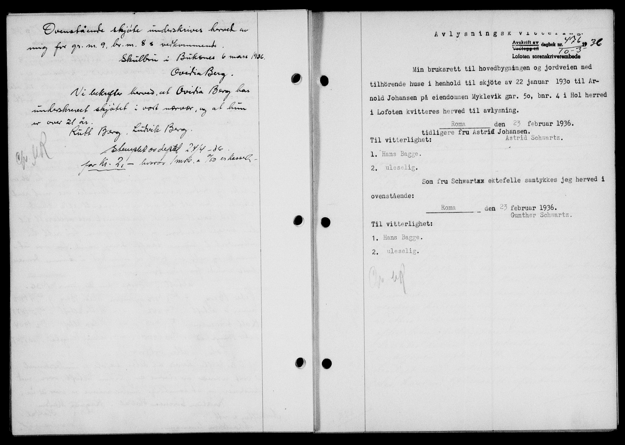 Lofoten sorenskriveri, SAT/A-0017/1/2/2C/L0033b: Pantebok nr. 33b, 1936-1936, Dagboknr: 476/1936
